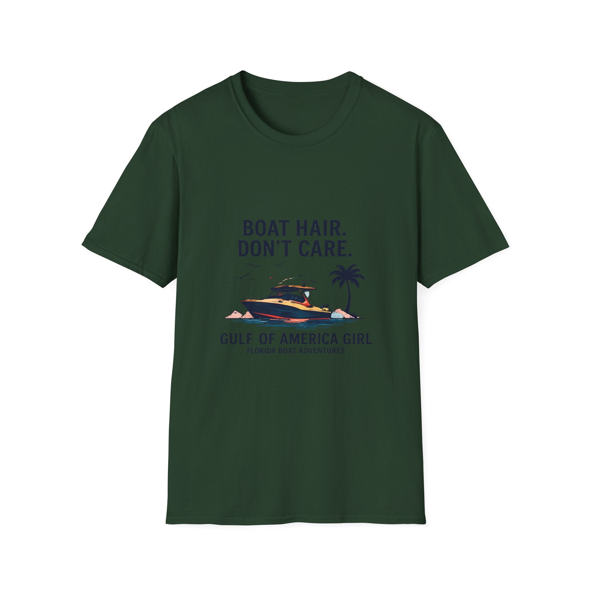 Boat Hair Don't Care Tee | Gulf of America Girl | Florida Boat Adventures Boating Shirt for Women | Gildan 6400 T-Shirt