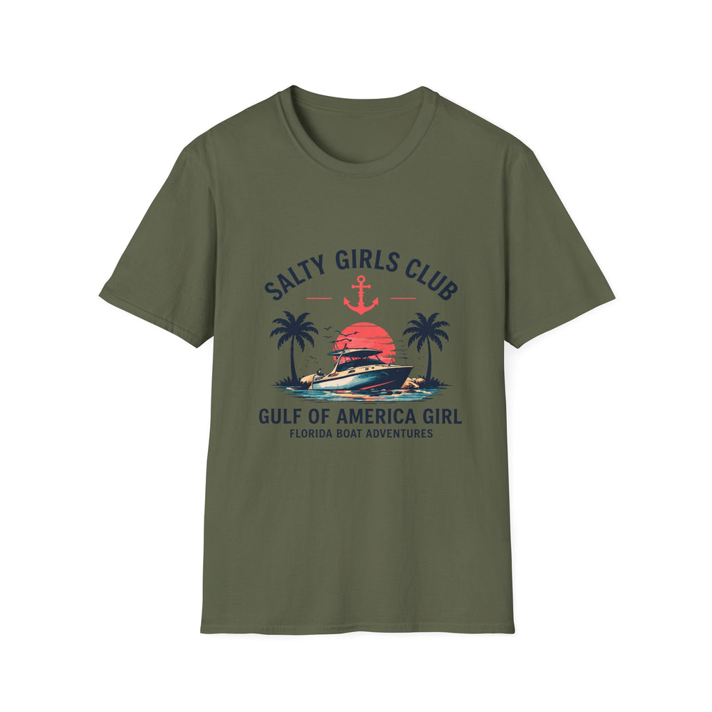 Salty Girls Club Tee | Gulf of America Girl | Florida Boat Adventures Boating Shirt for Women | Gildan 6400 T-Shirt