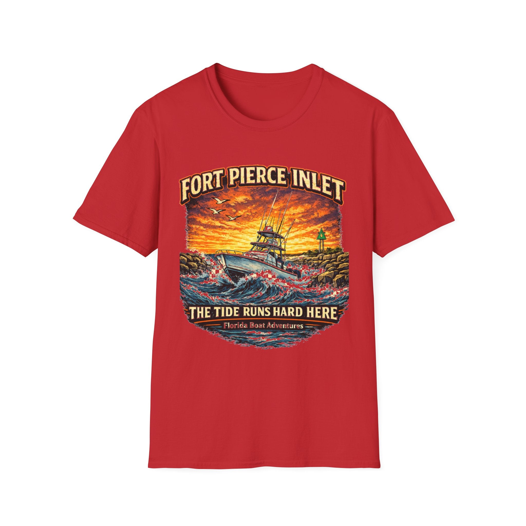 Fort Pierce Inlet Respect the Current Tee | Treasure Coast Florida Boating & Fishing Shirt for Men | Gildan 6400 T-Shirt