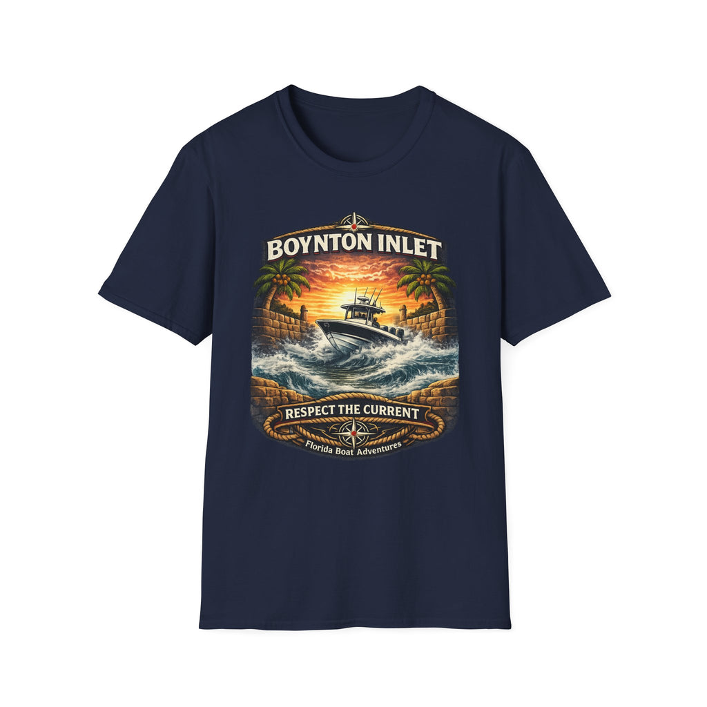 Boynton Inlet Respect the Current Tee | Boynton Beach Florida Boating & Offshore Fishing Shirt for Men | Gildan 6400 T-Shirt