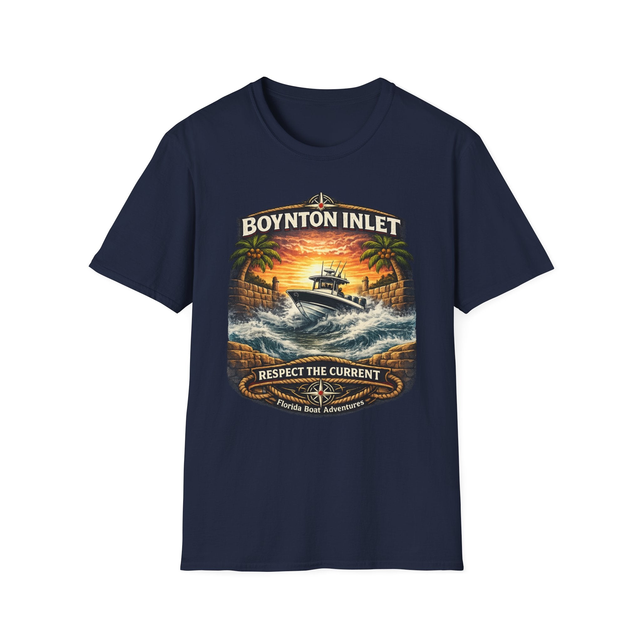 Boynton Inlet Respect the Current Tee | Boynton Beach Florida Boating & Offshore Fishing Shirt for Men | Gildan 6400 T-Shirt