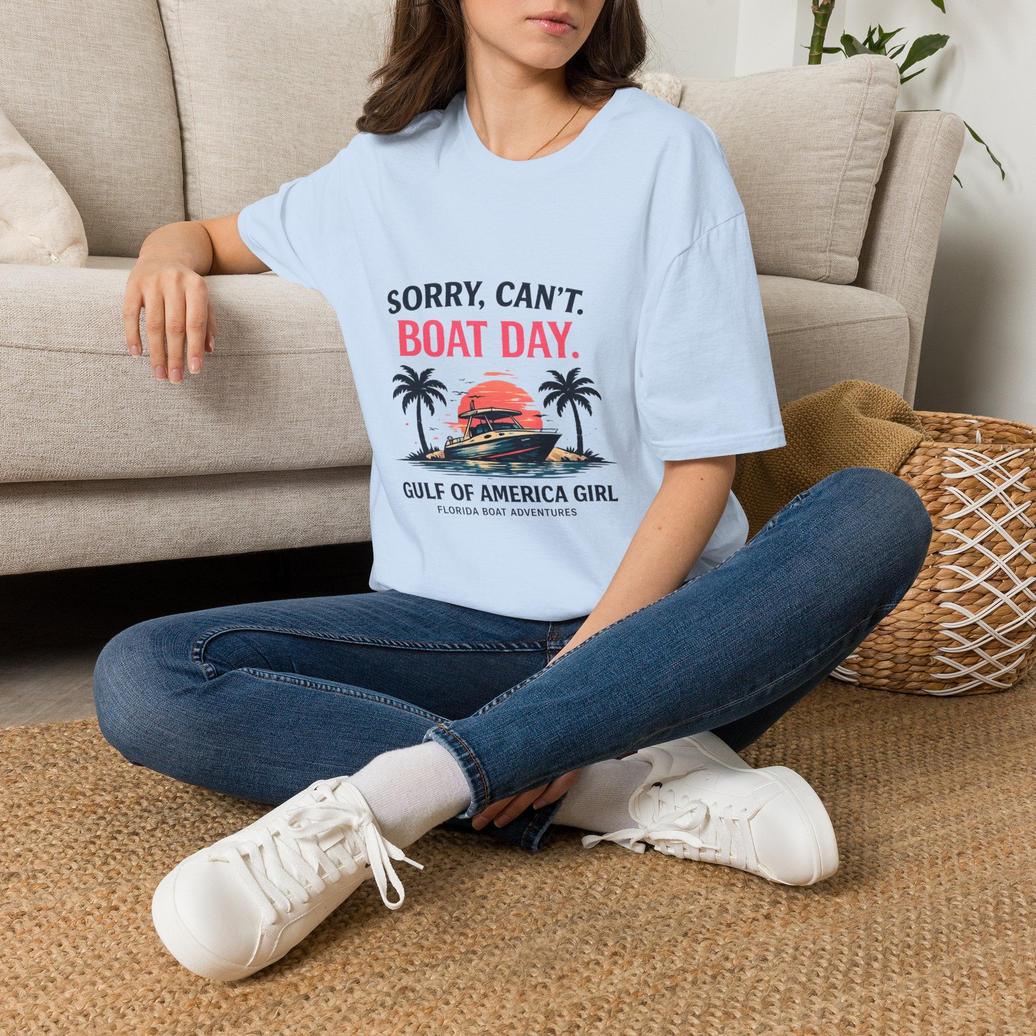 Sorry Can't Boat Day Tee | Gulf of America Girl | Florida Boat Adventures Boating Shirt for Women | Gildan 6400 T-Shirt