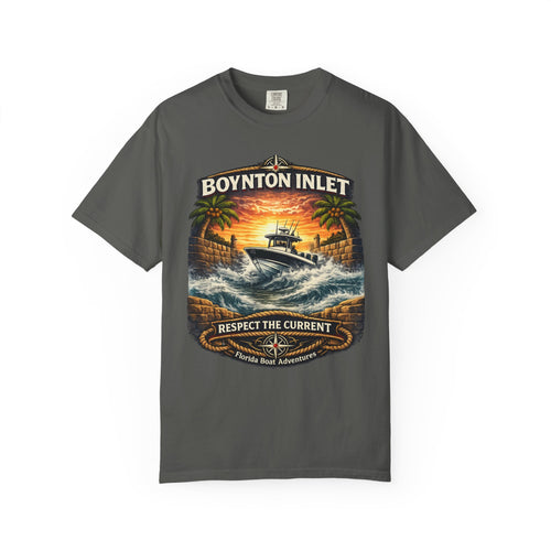 Boynton Inlet Respect the Current Tee | Boynton Beach Florida Boating & Offshore Fishing Shirt for Men | Comfort Colors 1717 Inlet Captain T-Shirt