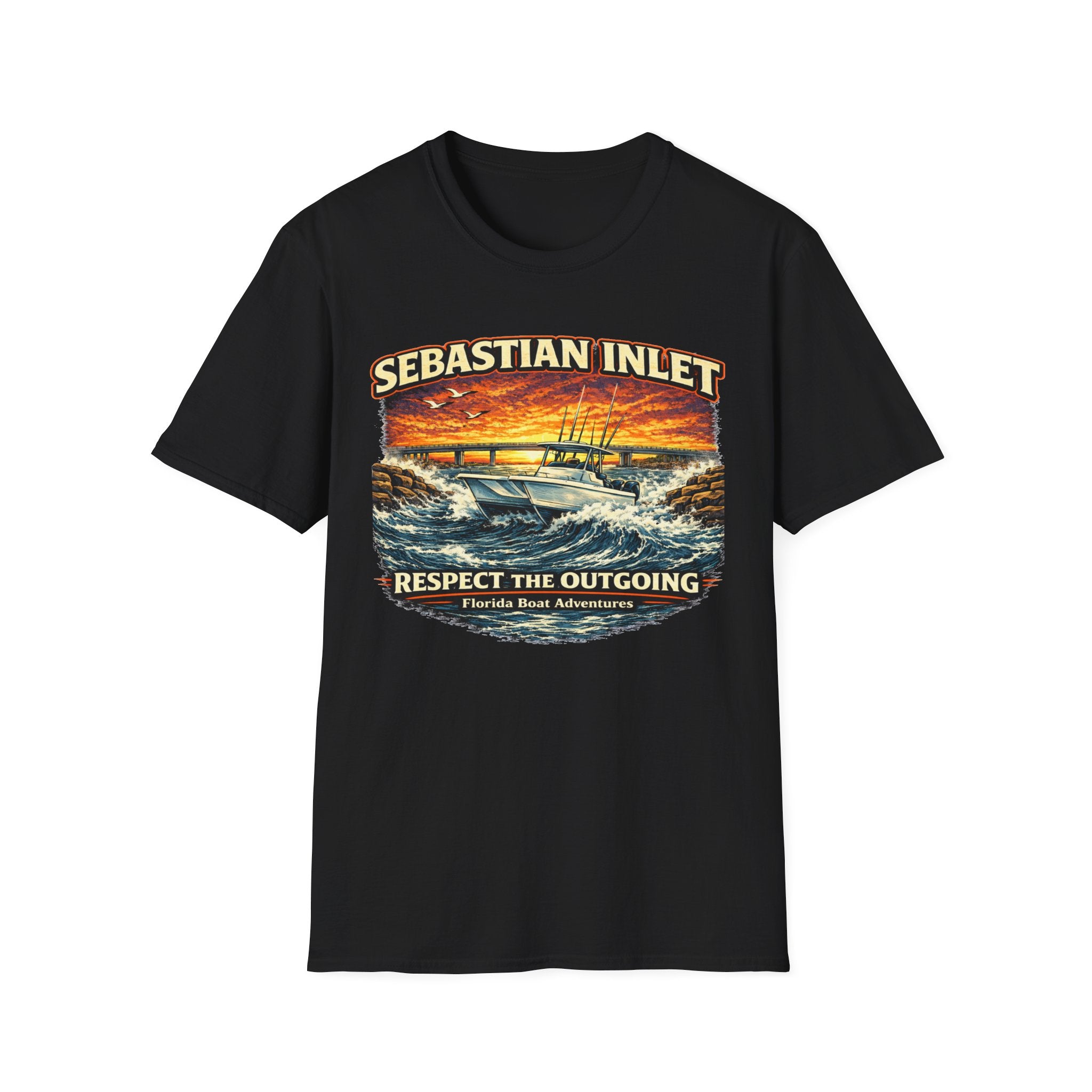 Sebastian Inlet Respect the Outgoing Tee | Florida Fishing & Boating Shirt for Men | Gildan 6400 Space Coast T-Shirt