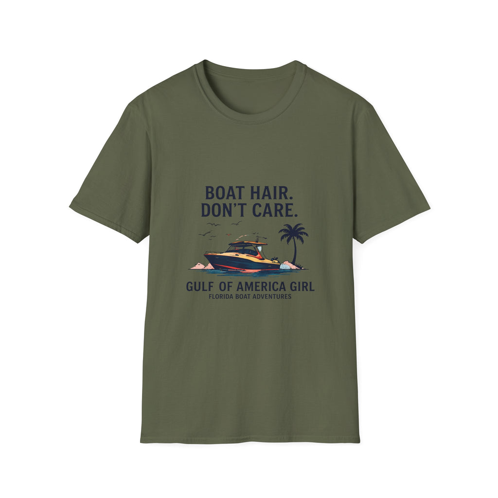 Boat Hair Don't Care Tee | Gulf of America Girl | Florida Boat Adventures Boating Shirt for Women | Gildan 6400 T-Shirt
