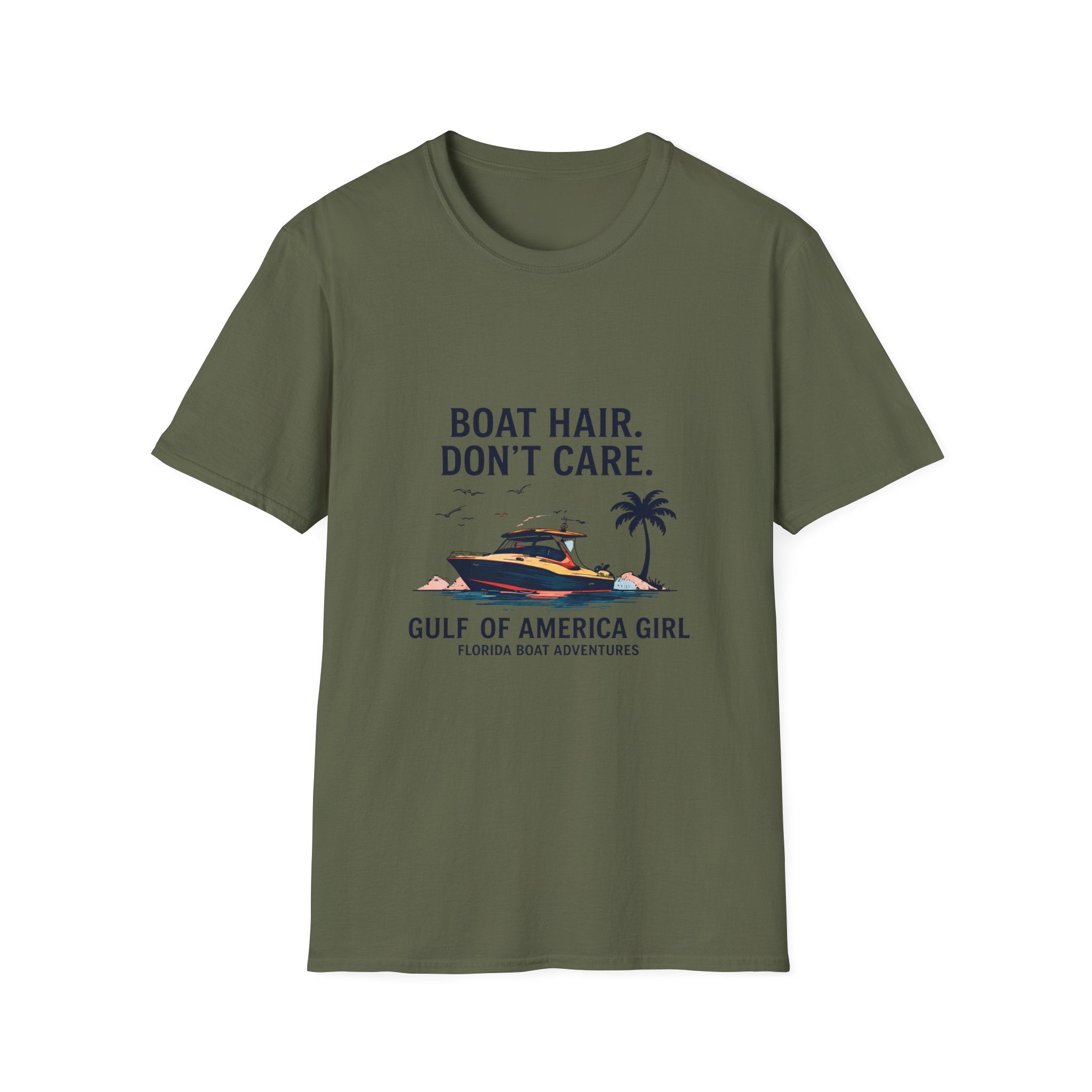 Boat Hair Don't Care Tee | Gulf of America Girl | Florida Boat Adventures Boating Shirt for Women | Gildan 6400 T-Shirt