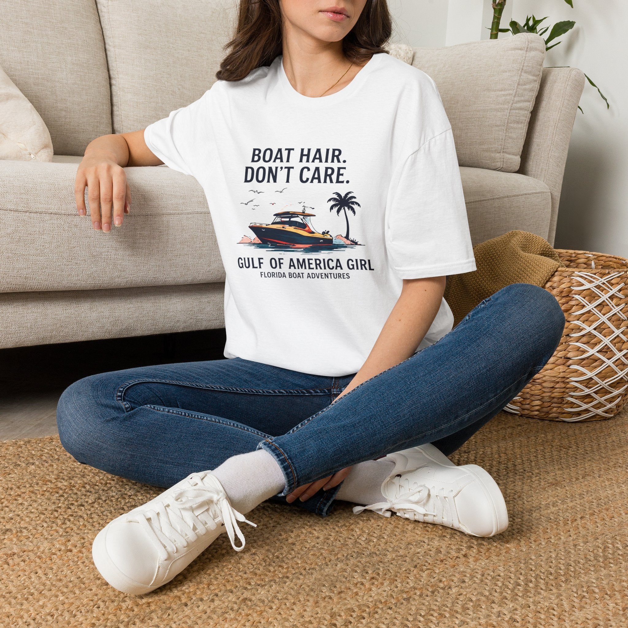 Boat Hair Don't Care Tee | Gulf of America Girl | Florida Boat Adventures Boating Shirt for Women | Gildan 6400 T-Shirt