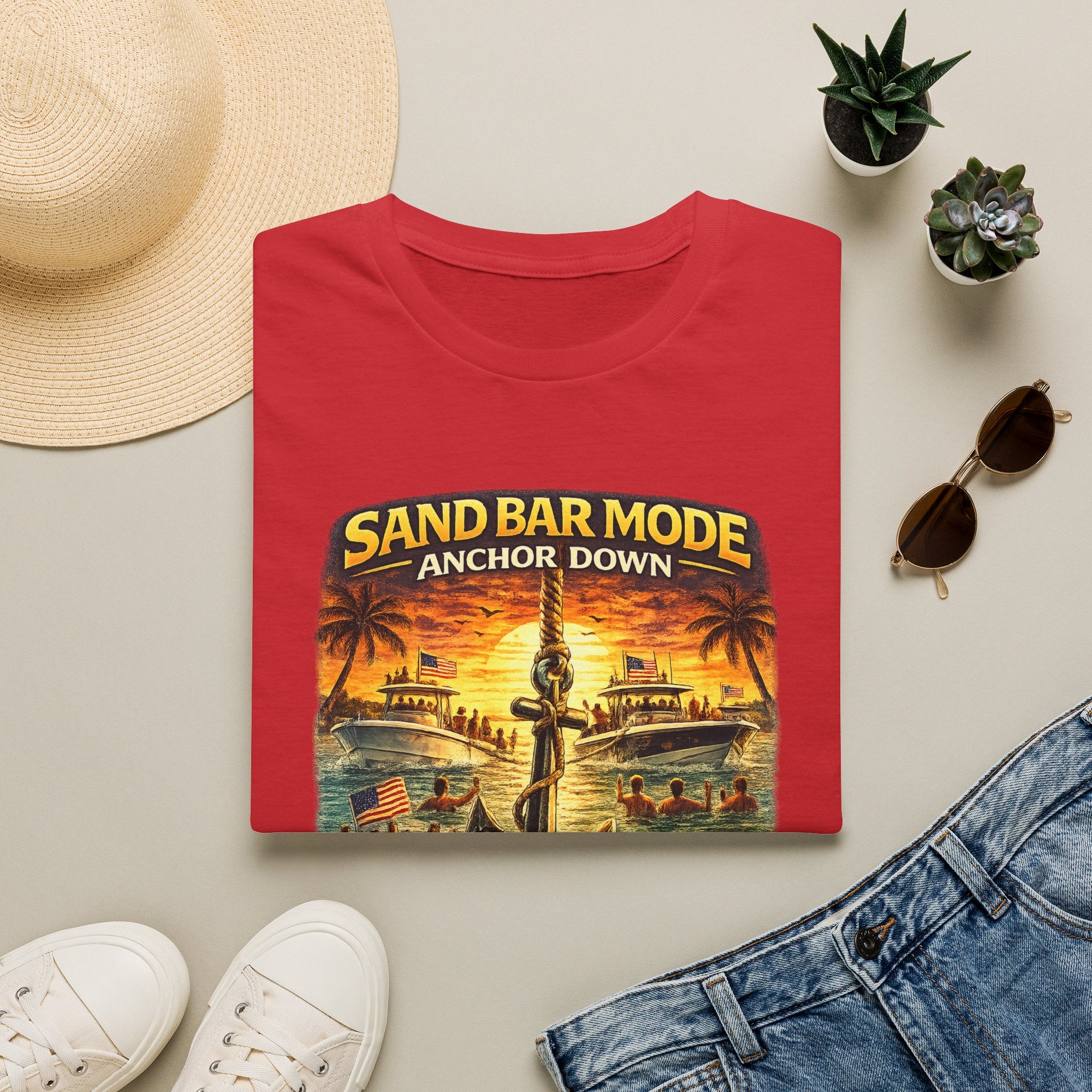 Anchor Down Sandbar Mode Tee | Funny Florida Boating & Sandbar Life Shirt for Men | Gildan 6400 T-Shirt