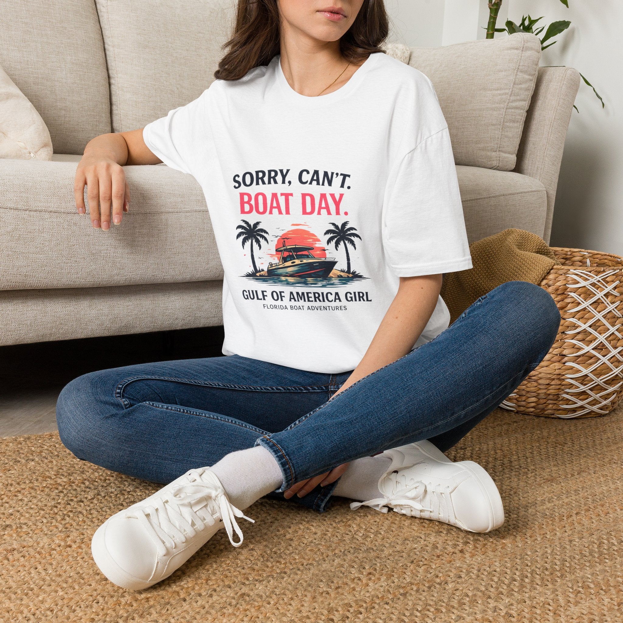 Sorry Can't Boat Day Tee | Gulf of America Girl | Florida Boat Adventures Boating Shirt for Women | Gildan 6400 T-Shirt