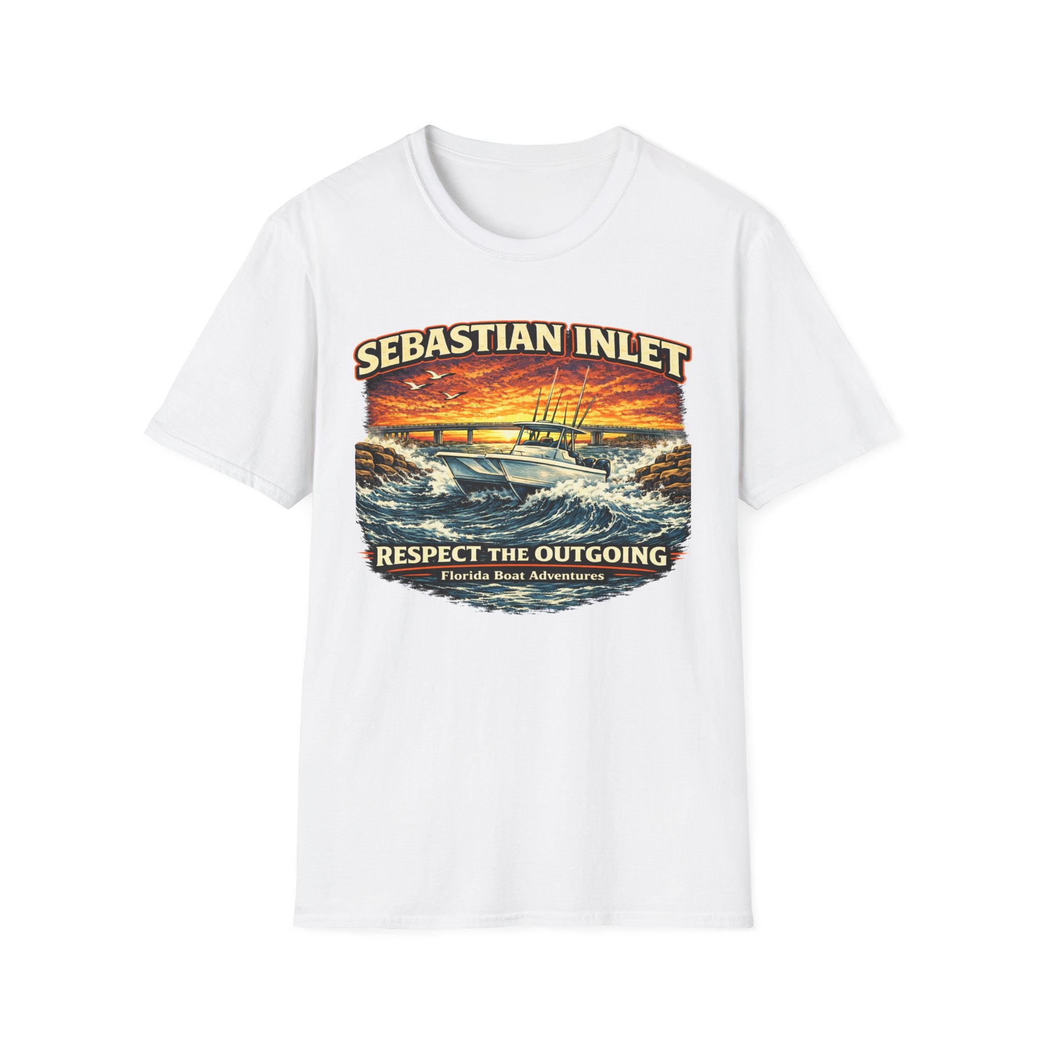 Sebastian Inlet Respect the Outgoing Tee | Florida Fishing & Boating Shirt for Men | Gildan 6400 Space Coast T-Shirt