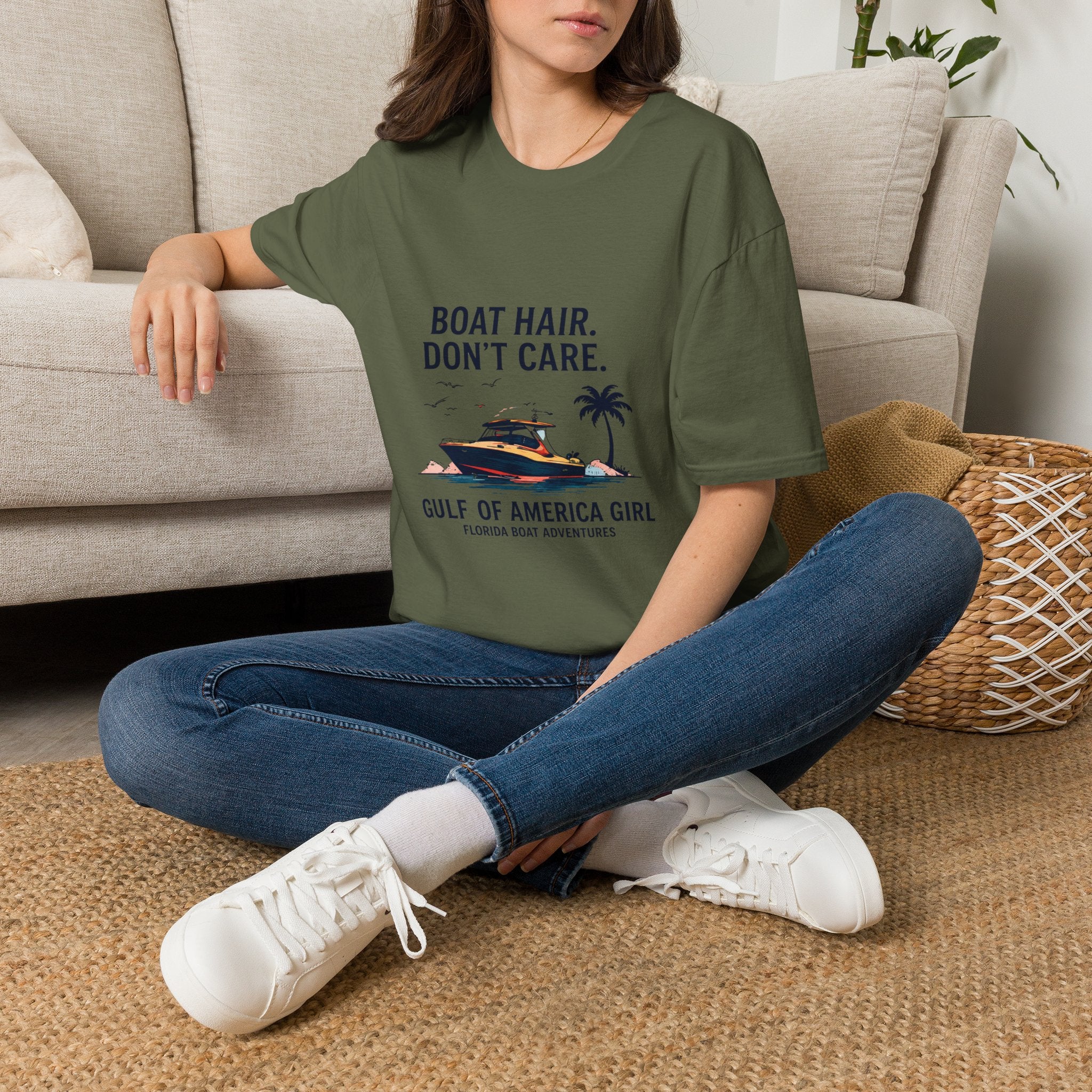 Boat Hair Don't Care Tee | Gulf of America Girl | Florida Boat Adventures Boating Shirt for Women | Gildan 6400 T-Shirt