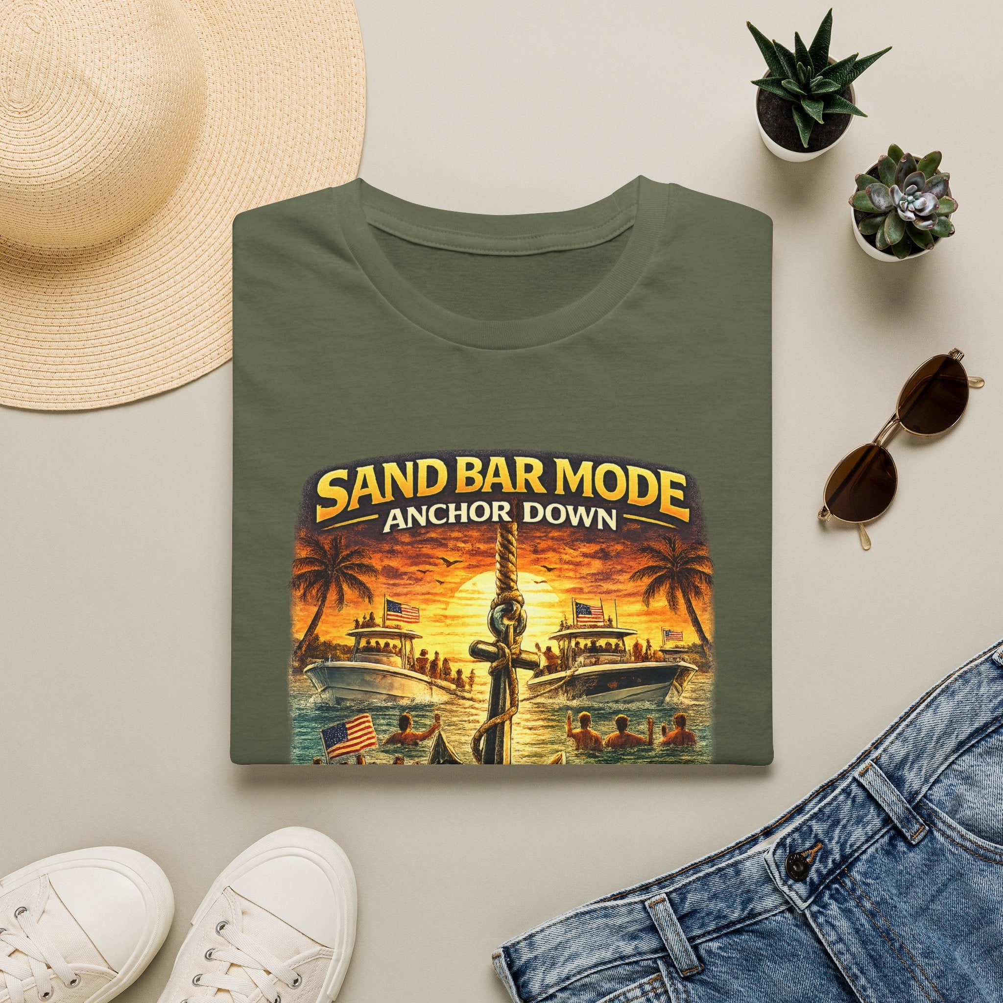 Anchor Down Sandbar Mode Tee | Funny Florida Boating & Sandbar Life Shirt for Men | Gildan 6400 T-Shirt