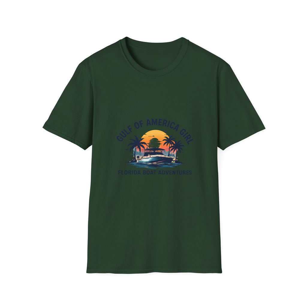 Gulf of America Girl Sunset Tee | Florida Boat Adventures Boating Shirt for Women | Gildan 6400 T-Shirt