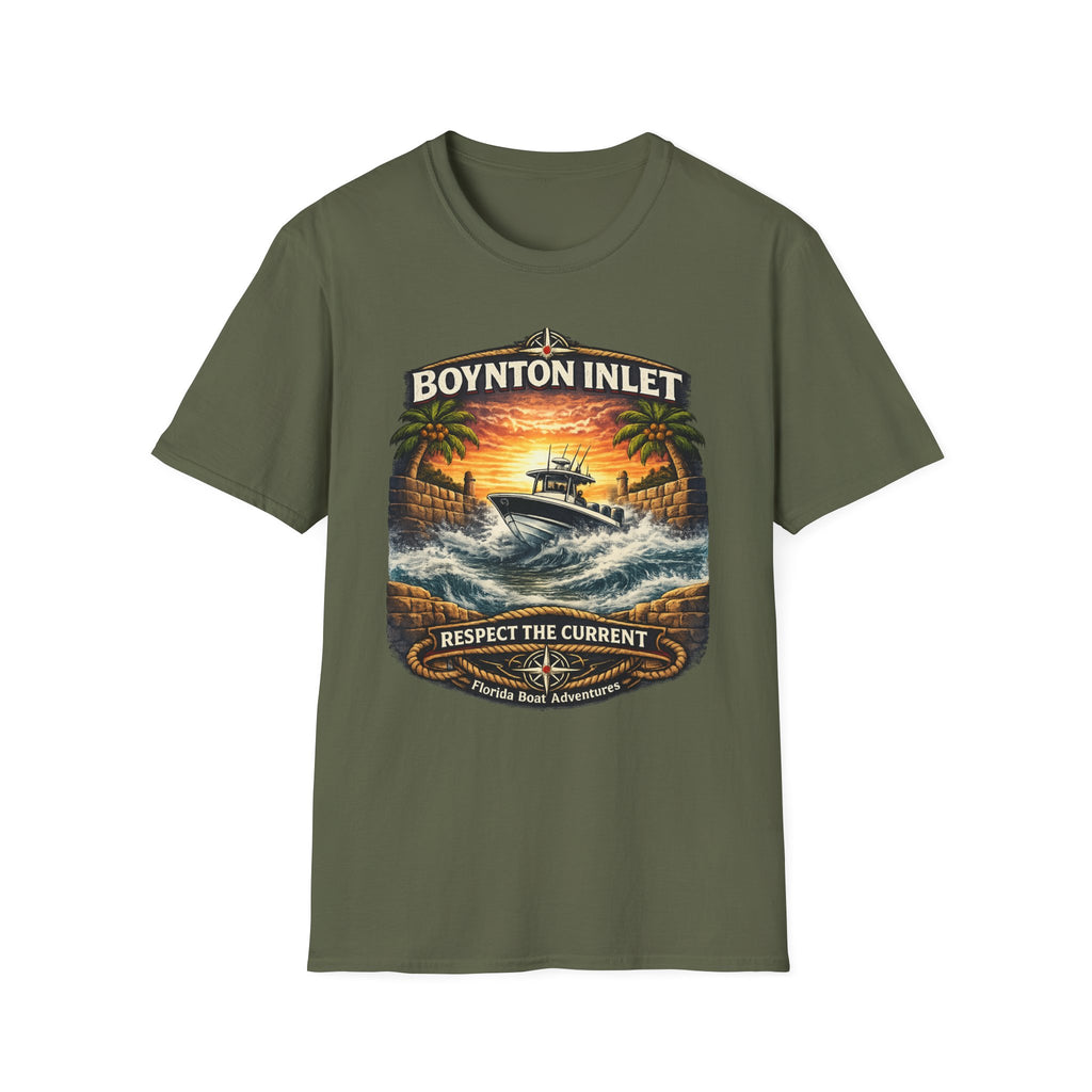 Boynton Inlet Respect the Current Tee | Boynton Beach Florida Boating & Offshore Fishing Shirt for Men | Gildan 6400 T-Shirt