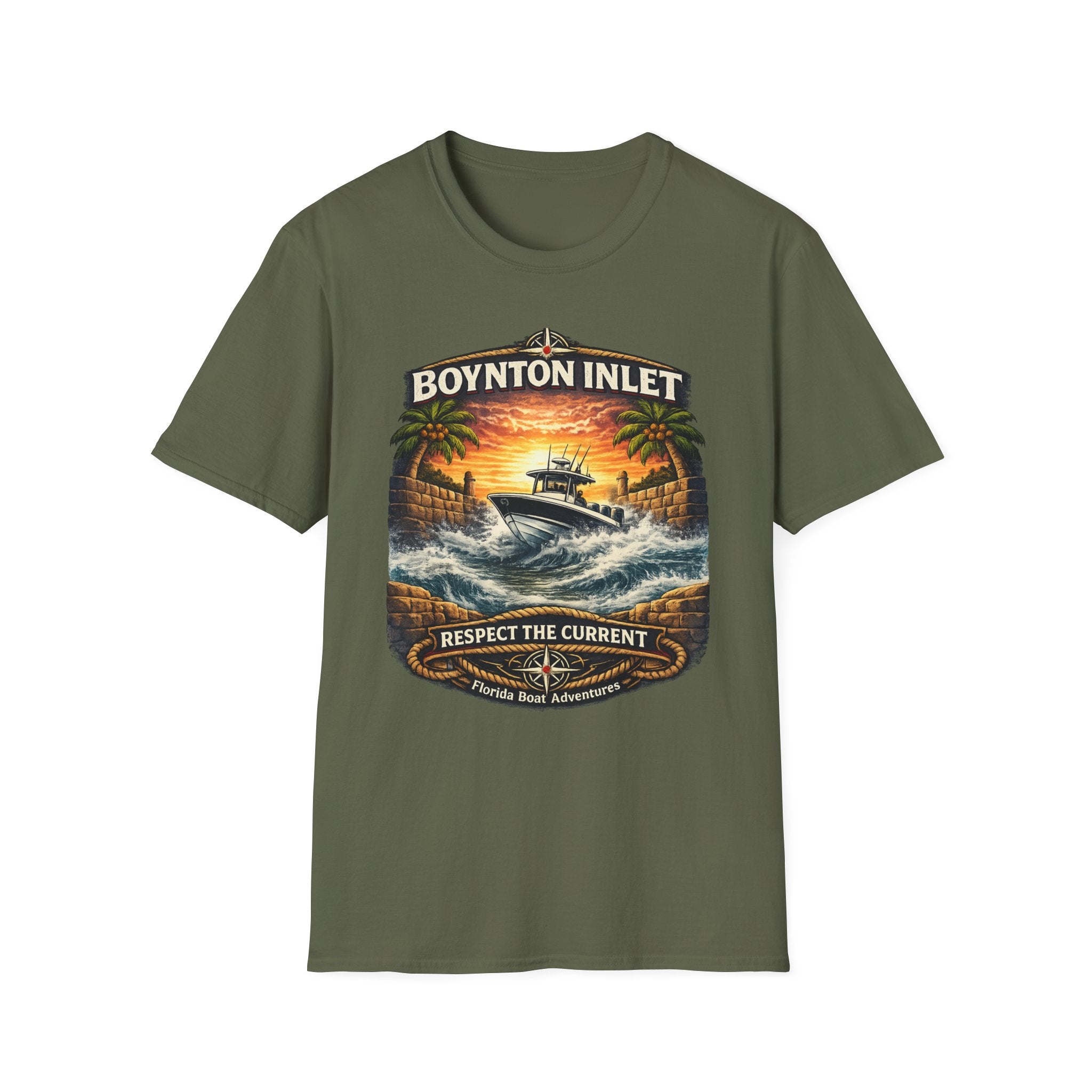 Boynton Inlet Respect the Current Tee | Boynton Beach Florida Boating & Offshore Fishing Shirt for Men | Gildan 6400 T-Shirt