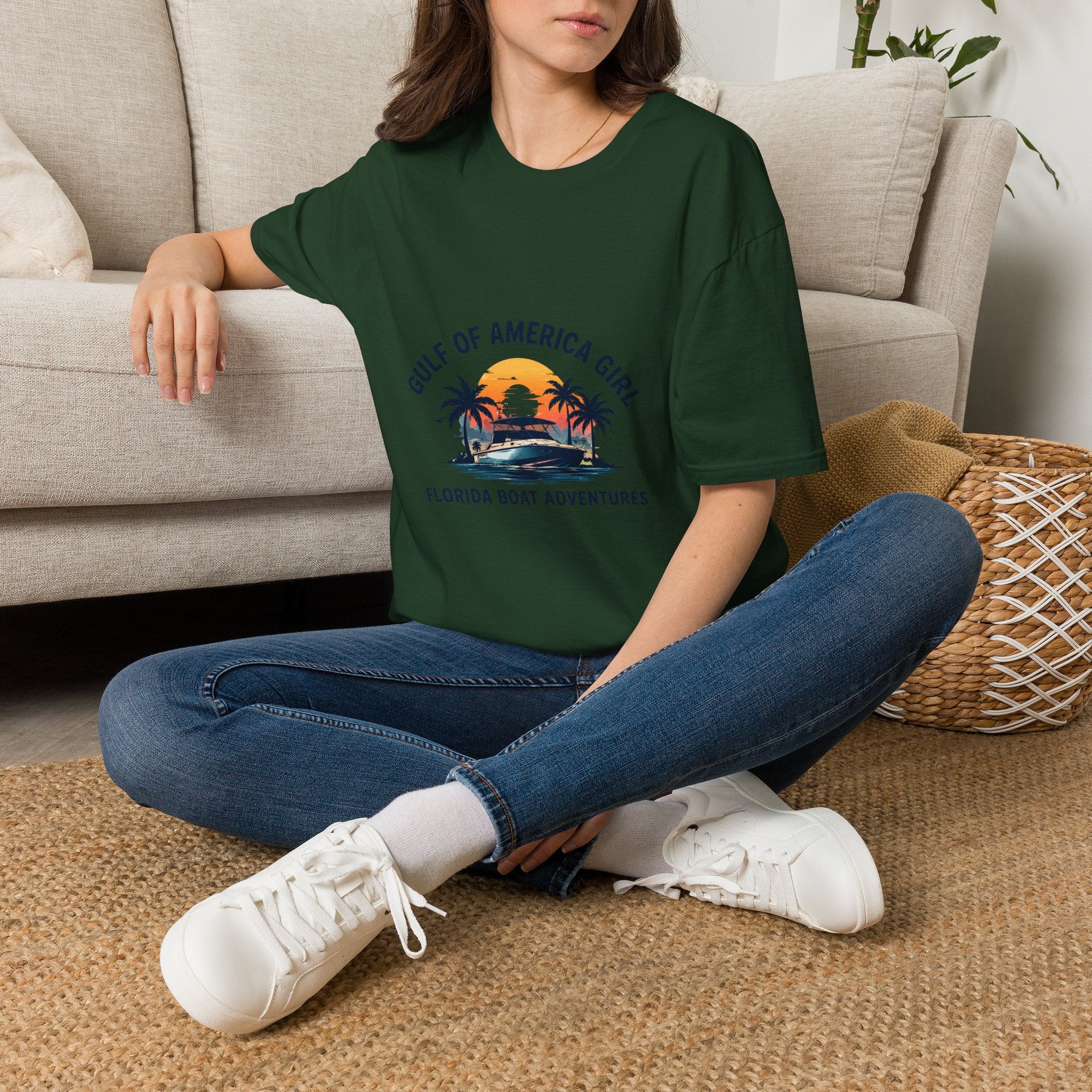 Gulf of America Girl Sunset Tee | Florida Boat Adventures Boating Shirt for Women | Gildan 6400 T-Shirt