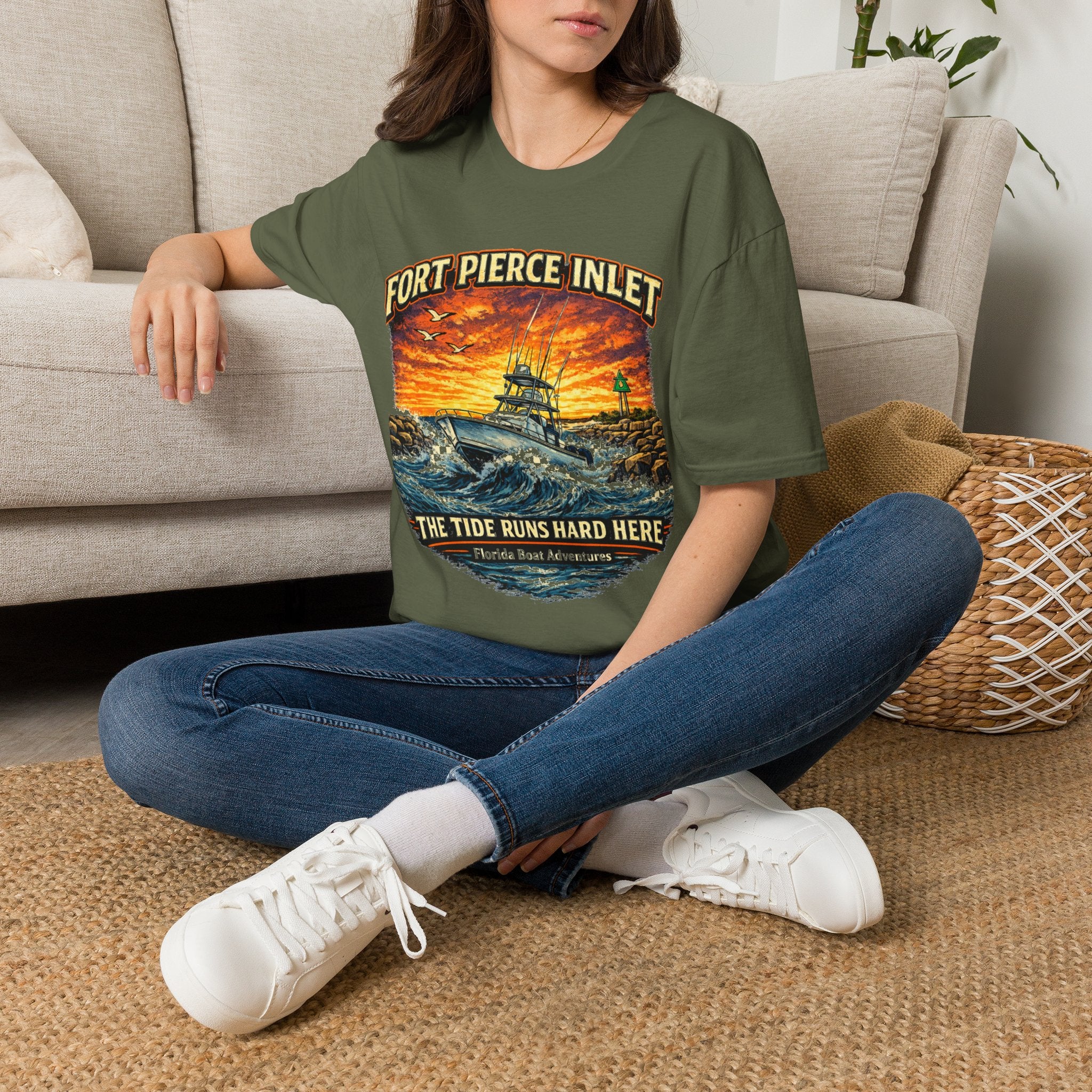 Fort Pierce Inlet Respect the Current Tee | Treasure Coast Florida Boating & Fishing Shirt for Men | Gildan 6400 T-Shirt