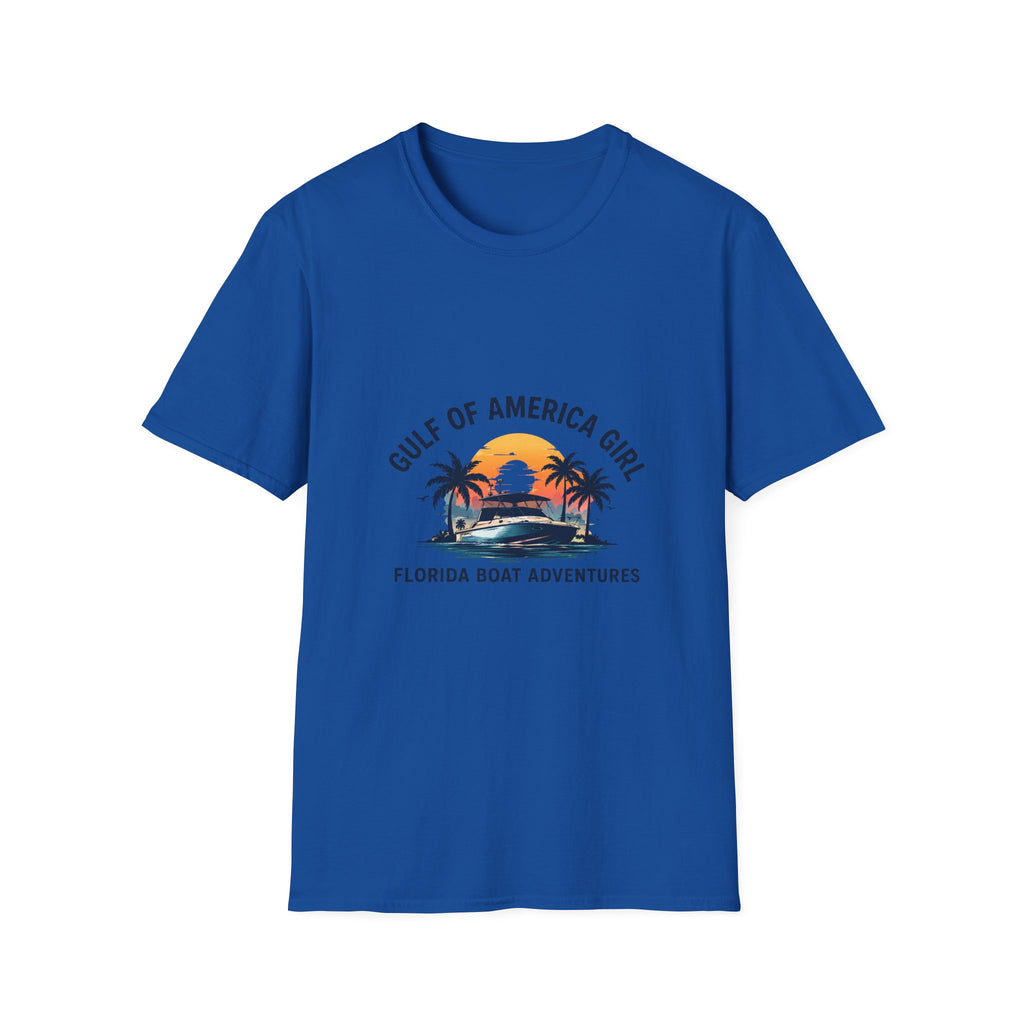 Gulf of America Girl Sunset Tee | Florida Boat Adventures Boating Shirt for Women | Gildan 6400 T-Shirt