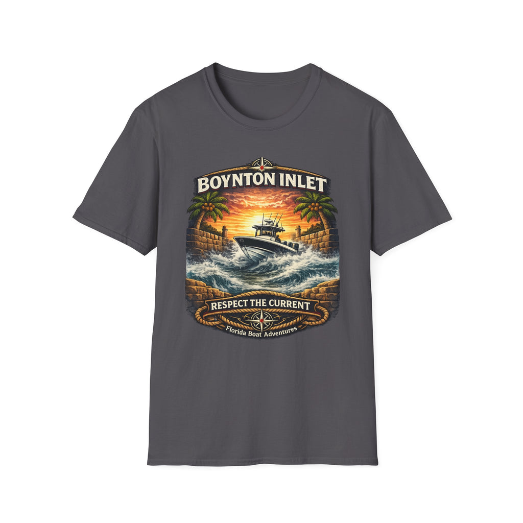 Boynton Inlet Respect the Current Tee | Boynton Beach Florida Boating & Offshore Fishing Shirt for Men | Gildan 6400 T-Shirt
