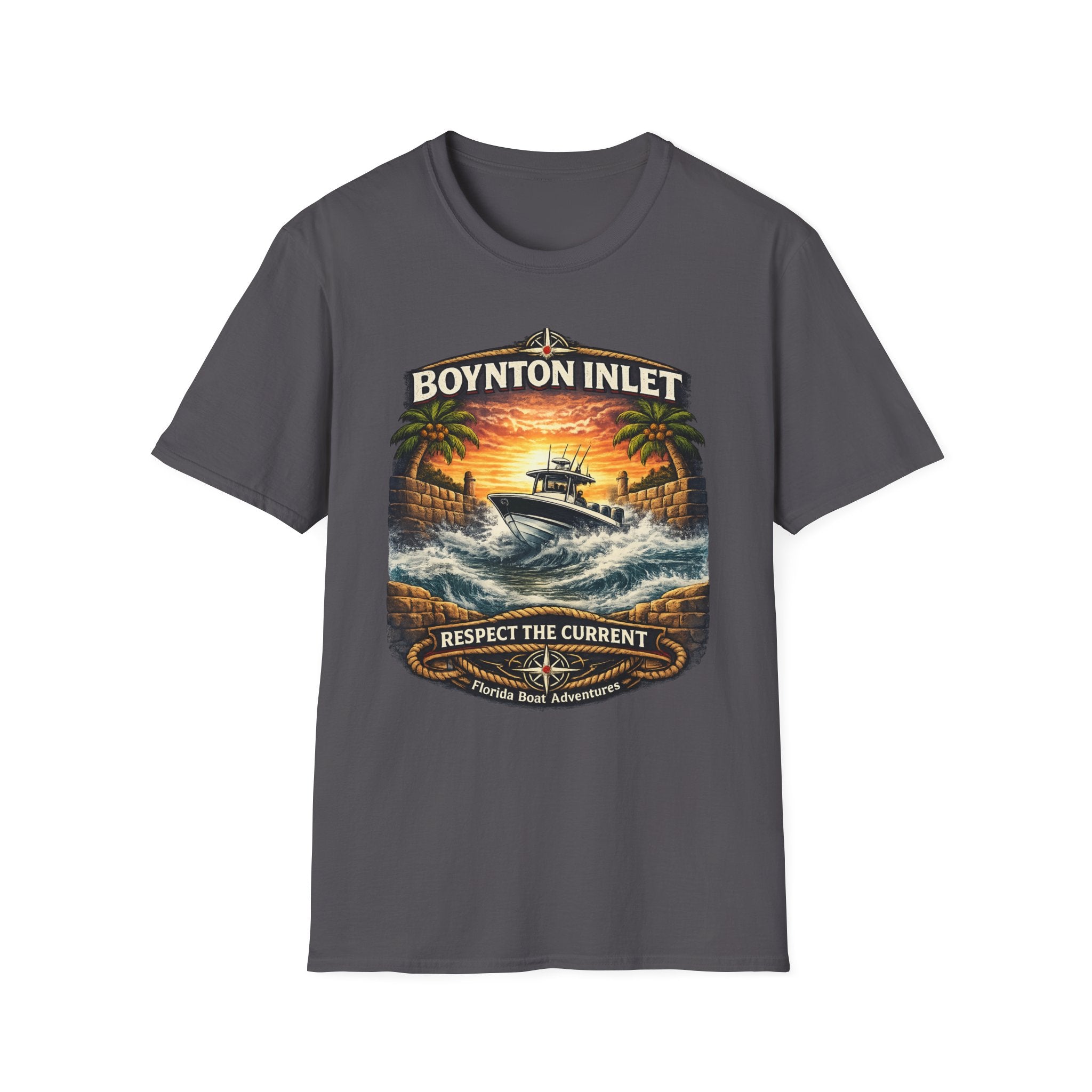 Boynton Inlet Respect the Current Tee | Boynton Beach Florida Boating & Offshore Fishing Shirt for Men | Gildan 6400 T-Shirt