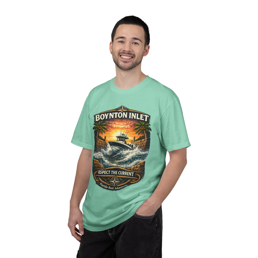 Boynton Inlet Respect the Current Tee | Boynton Beach Florida Boating & Offshore Fishing Shirt for Men | Comfort Colors 1717 Inlet Captain T-Shirt