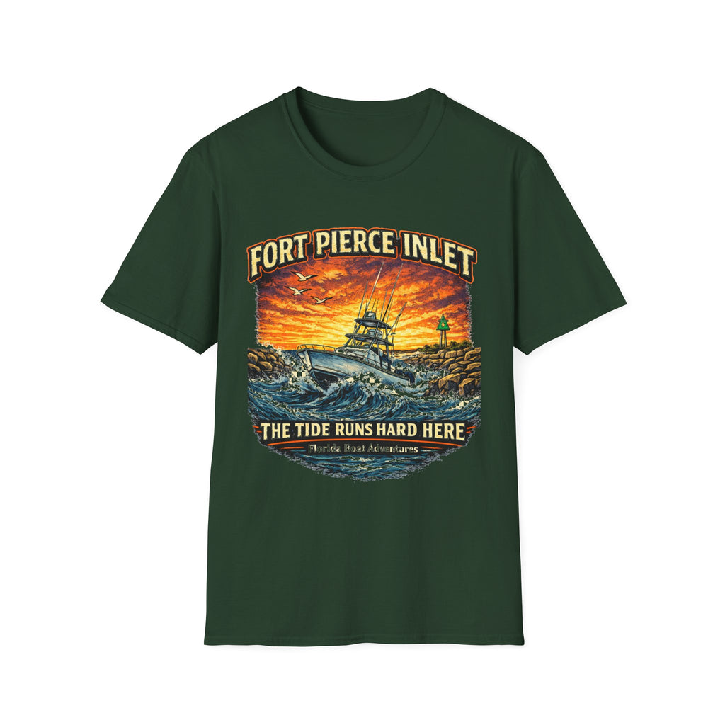 Fort Pierce Inlet Respect the Current Tee | Treasure Coast Florida Boating & Fishing Shirt for Men | Gildan 6400 T-Shirt