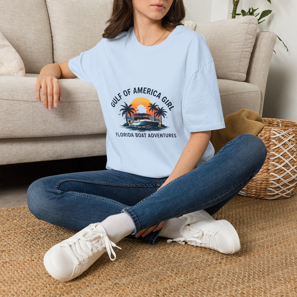 Gulf of America Girl Sunset Tee | Florida Boat Adventures Boating Shirt for Women | Gildan 6400 T-Shirt