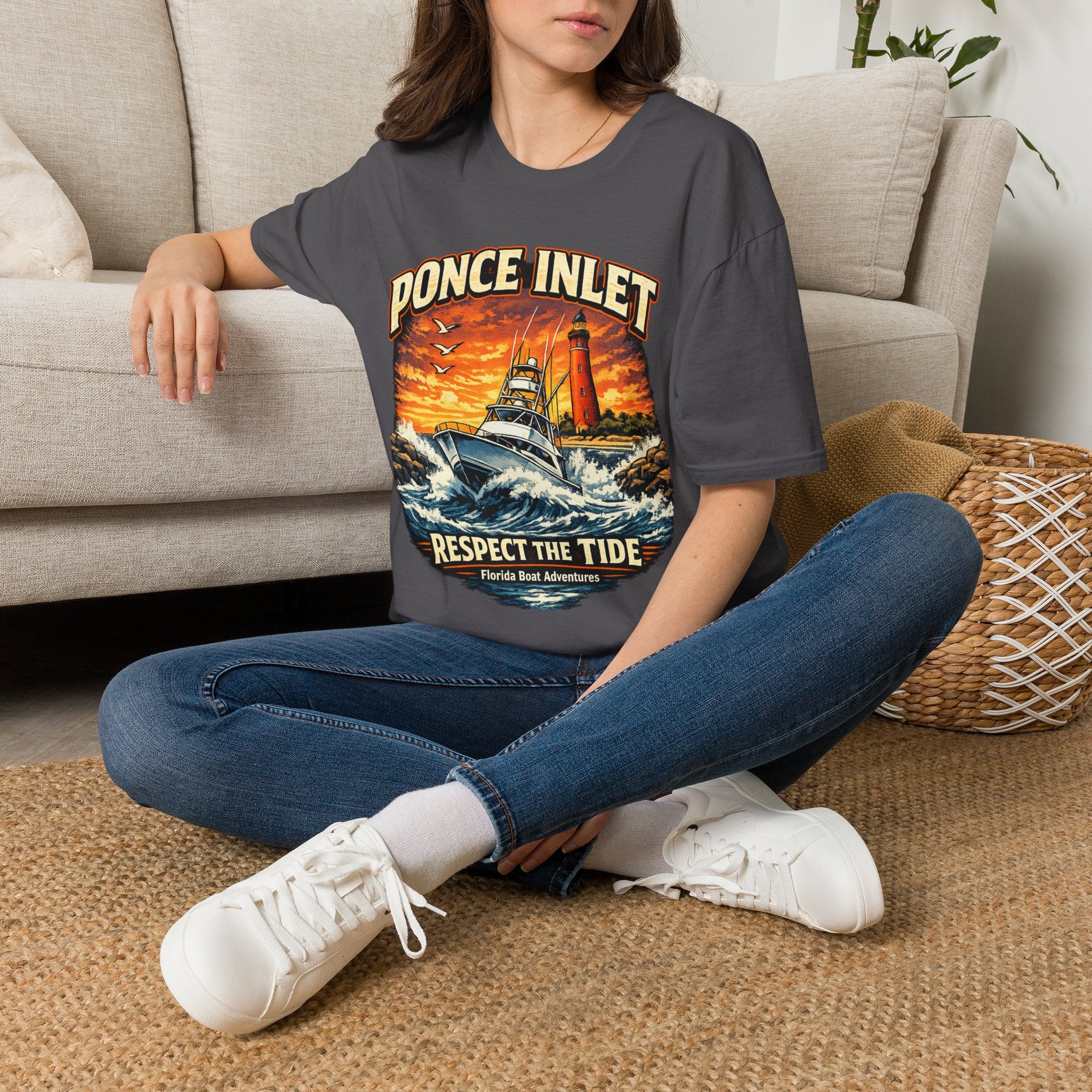 Ponce Inlet Respect the Tide Tee | Daytona Beach & New Smyrna Boating Shirt for Men | Gildan 6400 Florida T-Shirt