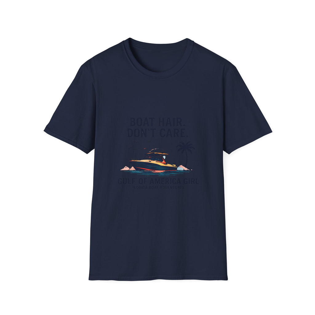 Boat Hair Don't Care Tee | Gulf of America Girl | Florida Boat Adventures Boating Shirt for Women | Gildan 6400 T-Shirt
