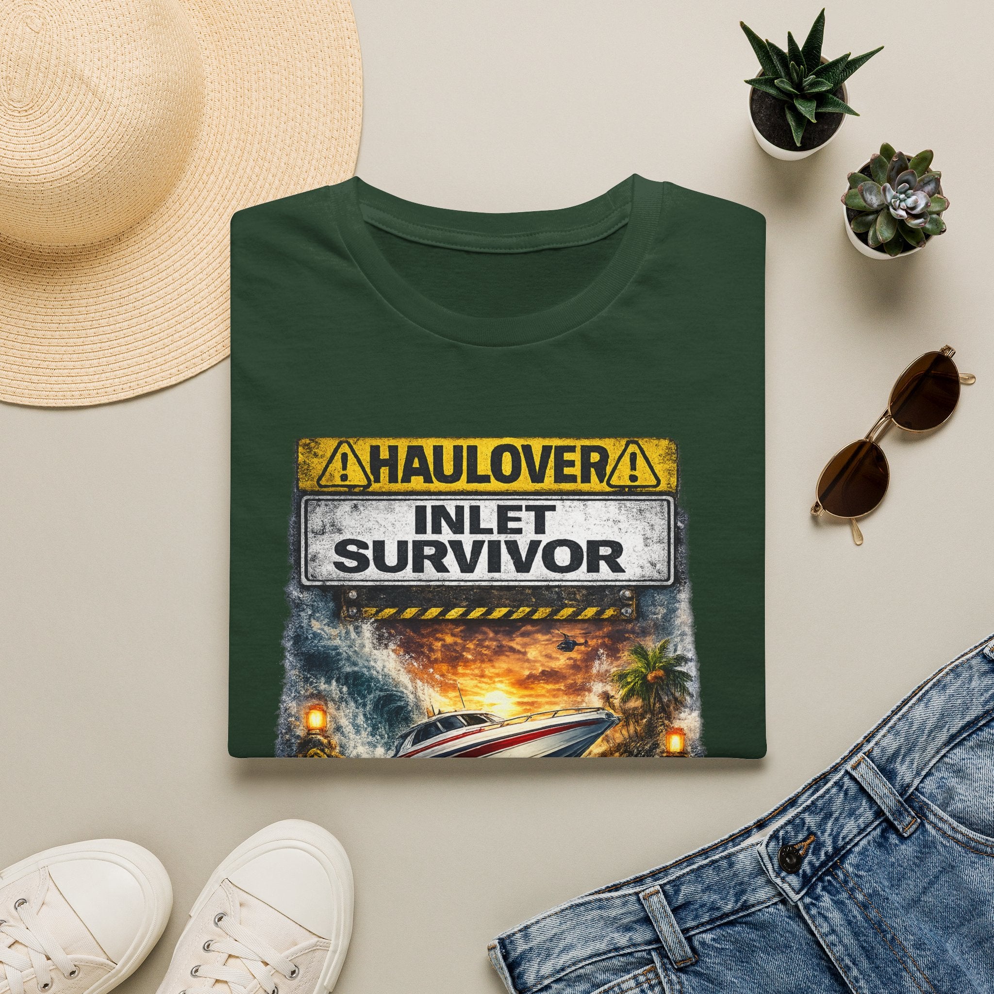 Haulover Inlet Survivor Tee | Miami Florida Boating & Offshore Fishing Shirt for Men | Gildan 6400 South Florida Inlet T-Shirt