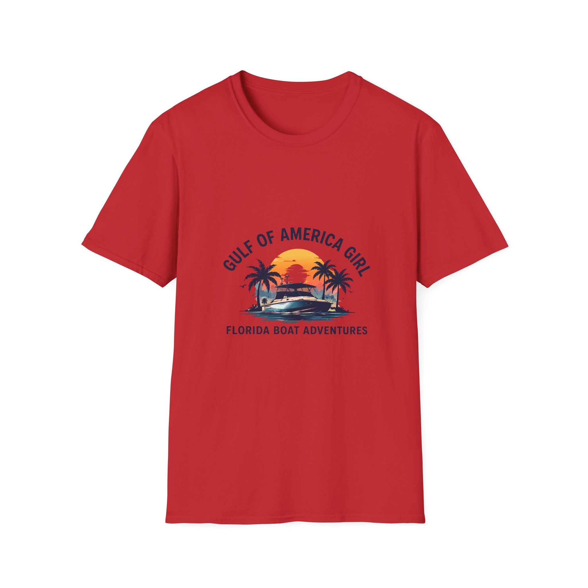 Gulf of America Girl Sunset Tee | Florida Boat Adventures Boating Shirt for Women | Gildan 6400 T-Shirt