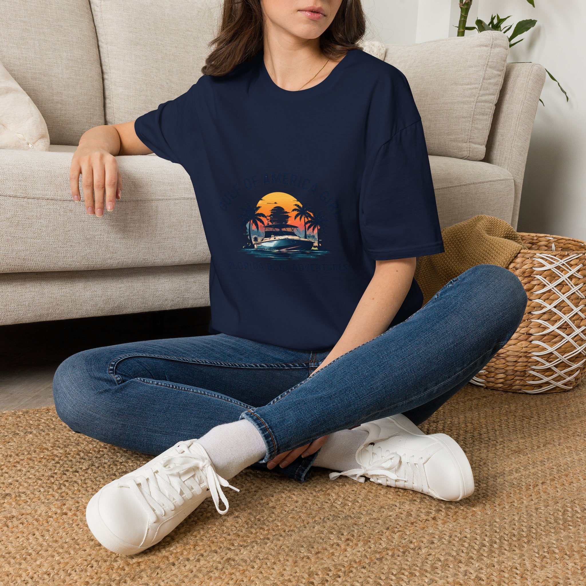 Gulf of America Girl Sunset Tee | Florida Boat Adventures Boating Shirt for Women | Gildan 6400 T-Shirt