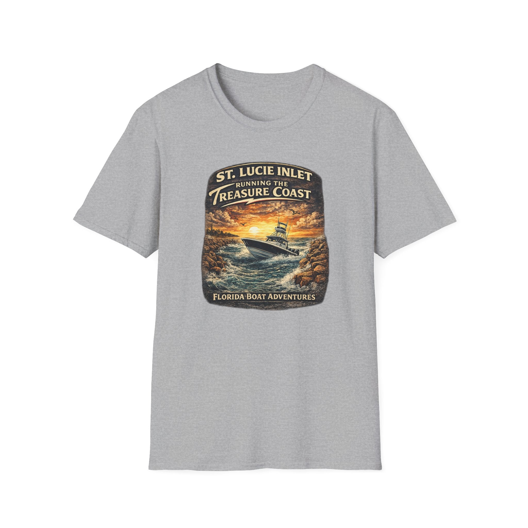 St. Lucie Inlet Adventure Begins Tee | Stuart Florida Boating & Offshore Fishing Shirt for Men | Gildan 6400 T-Shirt