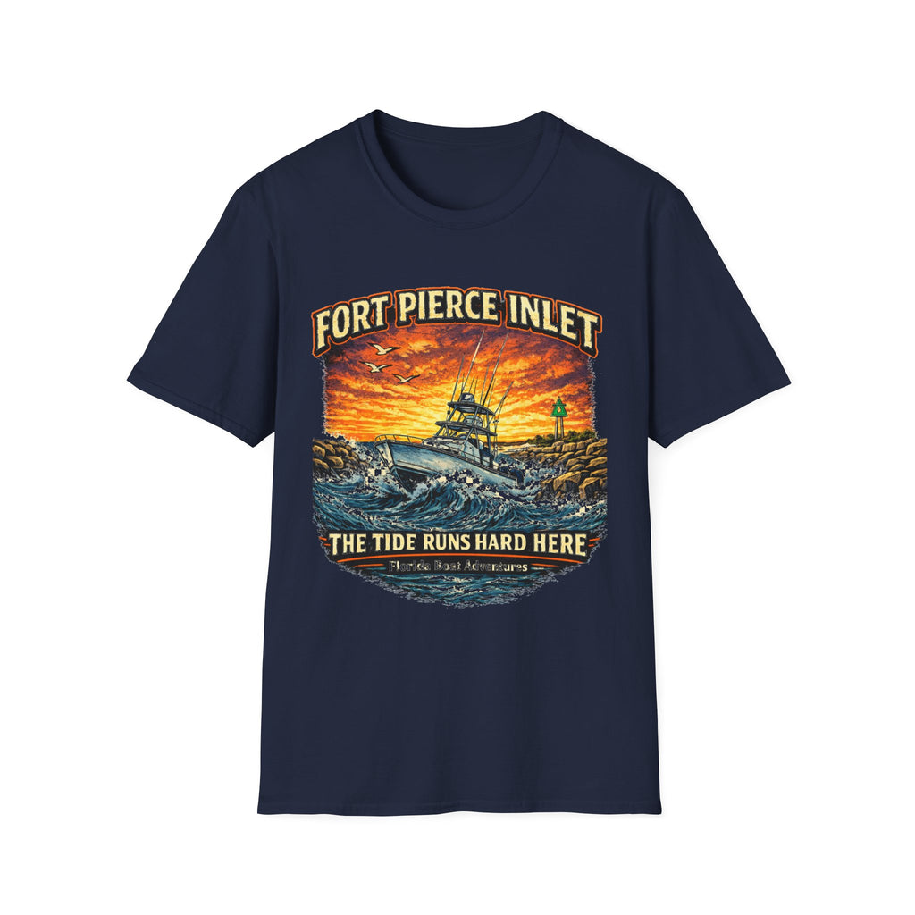 Fort Pierce Inlet Respect the Current Tee | Treasure Coast Florida Boating & Fishing Shirt for Men | Gildan 6400 T-Shirt