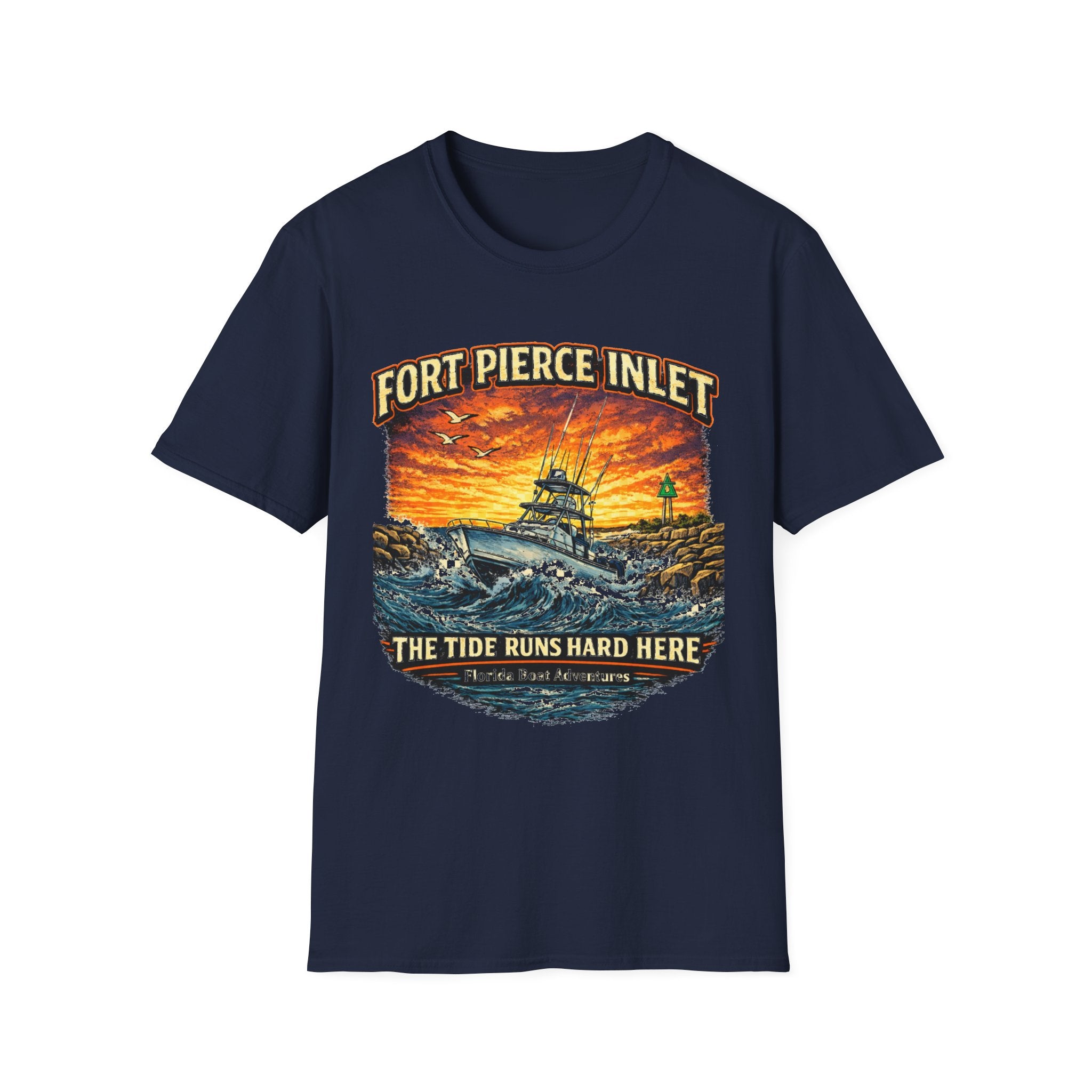 Fort Pierce Inlet Respect the Current Tee | Treasure Coast Florida Boating & Fishing Shirt for Men | Gildan 6400 T-Shirt