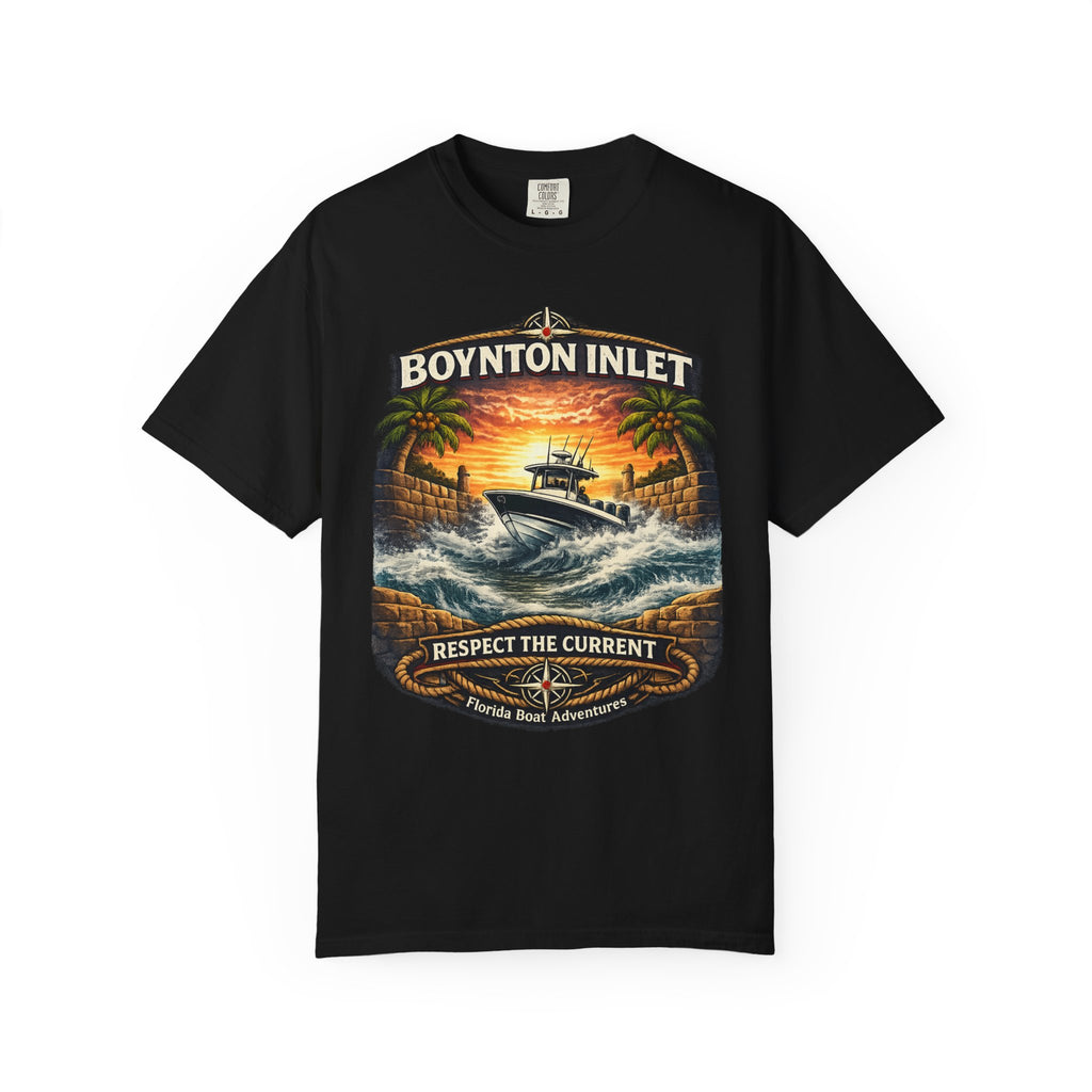 Boynton Inlet Respect the Current Tee | Boynton Beach Florida Boating & Offshore Fishing Shirt for Men | Comfort Colors 1717 Inlet Captain T-Shirt