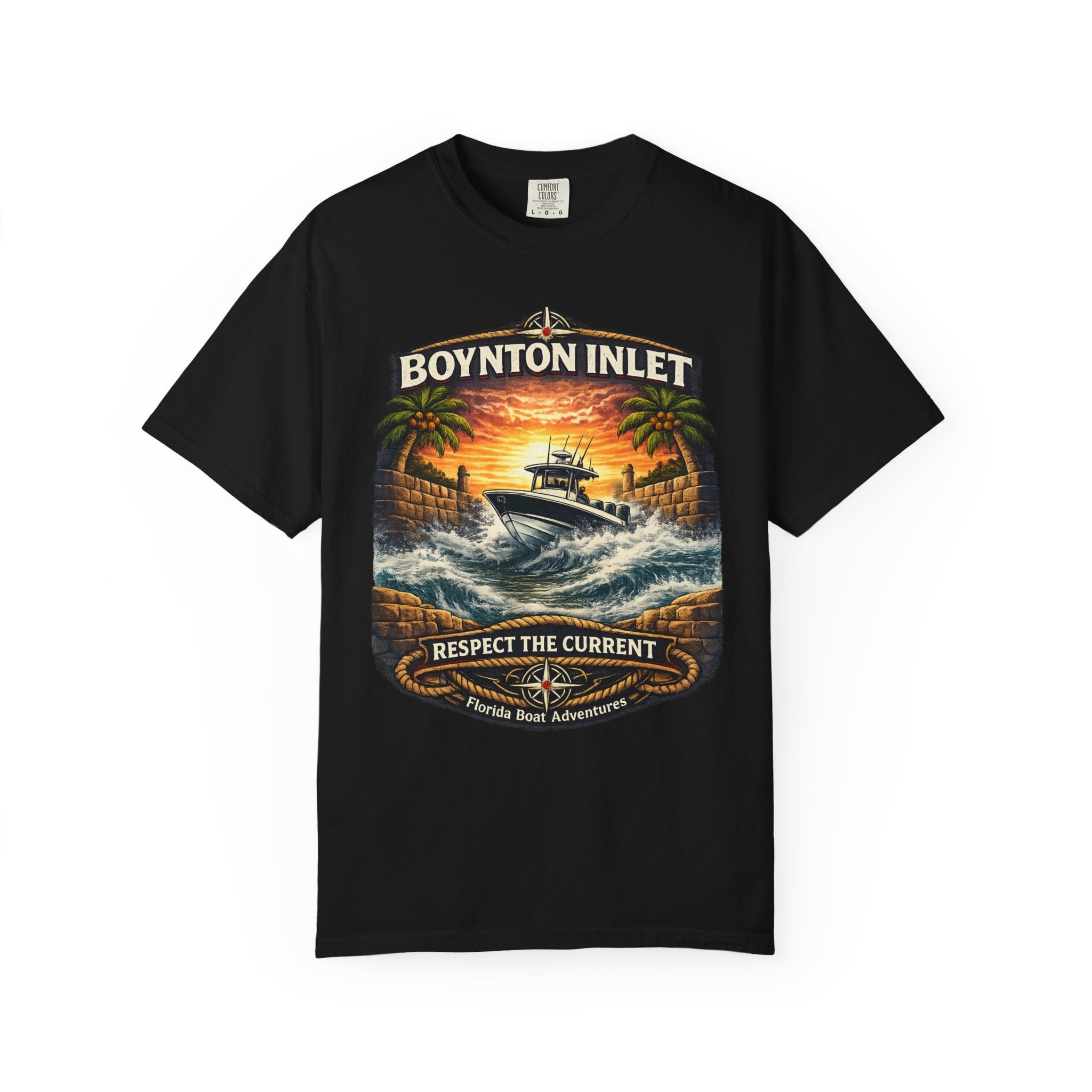 Boynton Inlet Respect the Current Tee | Boynton Beach Florida Boating & Offshore Fishing Shirt for Men | Comfort Colors 1717 Inlet Captain T-Shirt