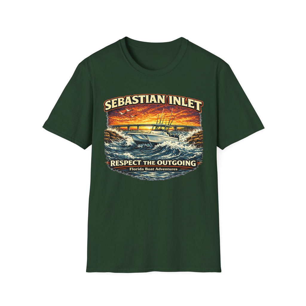 Sebastian Inlet Respect the Outgoing Tee | Florida Fishing & Boating Shirt for Men | Gildan 6400 Space Coast T-Shirt