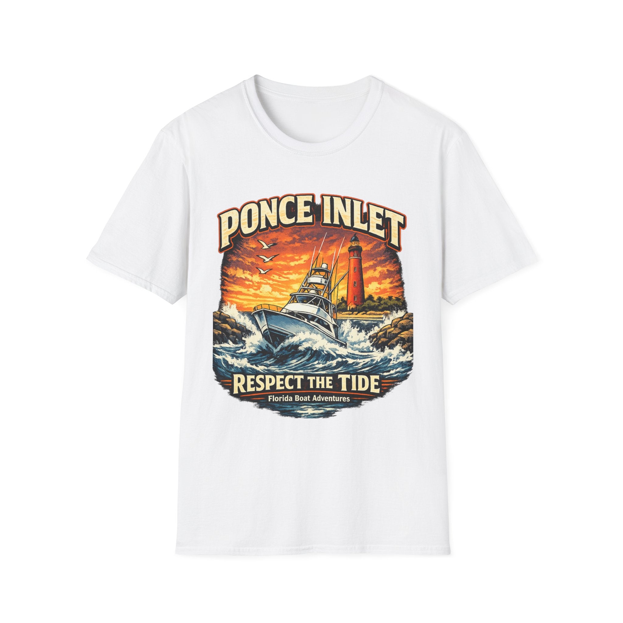 Ponce Inlet Respect the Tide Tee | Daytona Beach & New Smyrna Boating Shirt for Men | Gildan 6400 Florida T-Shirt