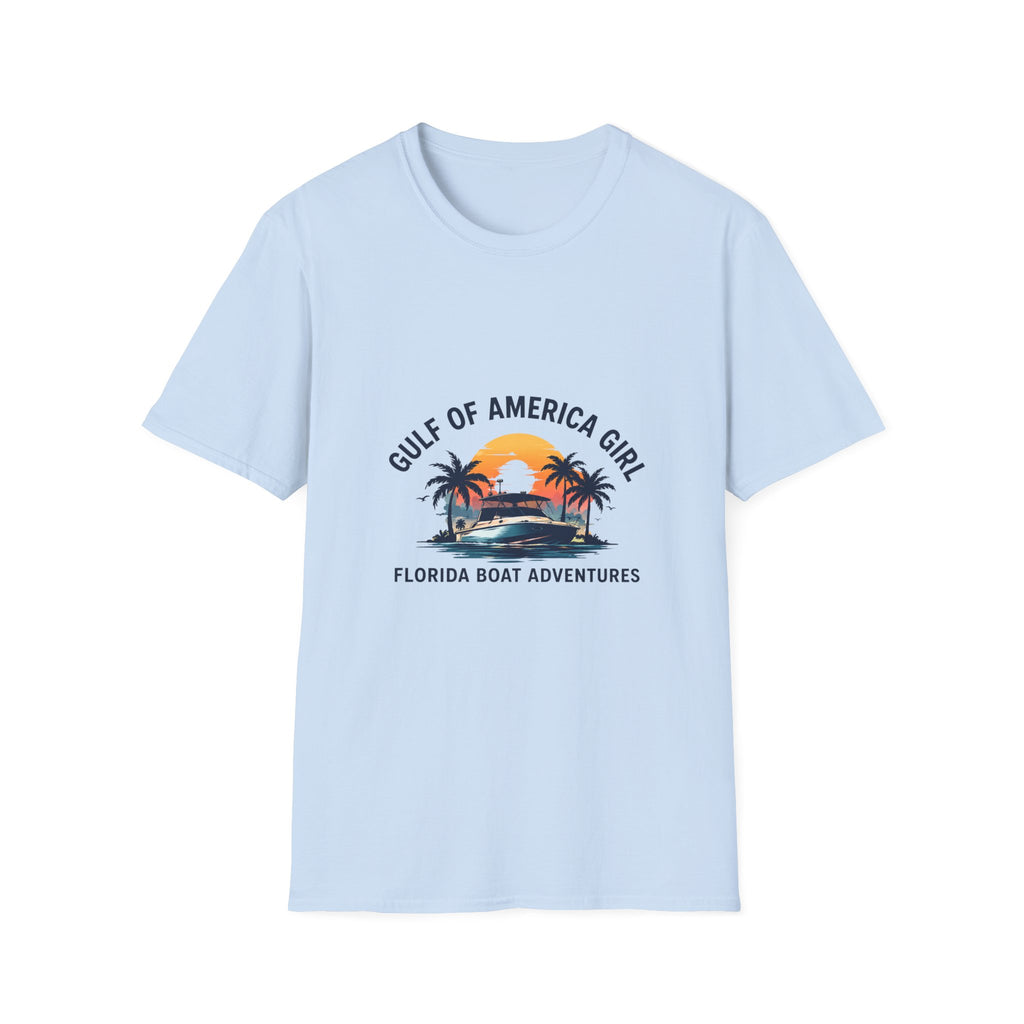 Gulf of America Girl Sunset Tee | Florida Boat Adventures Boating Shirt for Women | Gildan 6400 T-Shirt