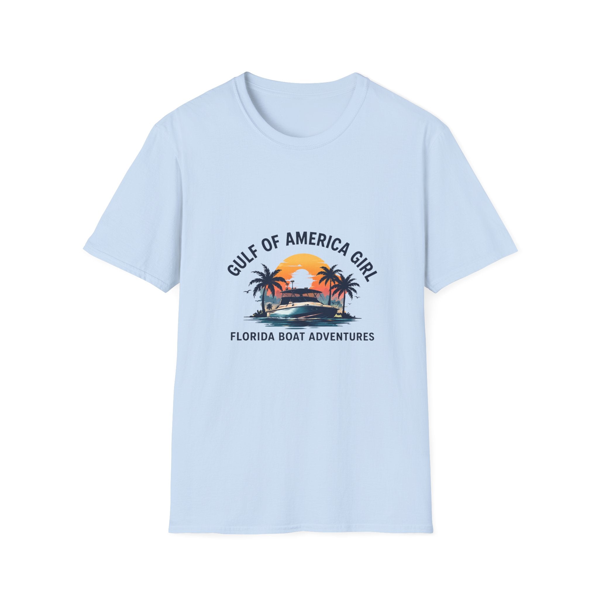 Gulf of America Girl Sunset Tee | Florida Boat Adventures Boating Shirt for Women | Gildan 6400 T-Shirt