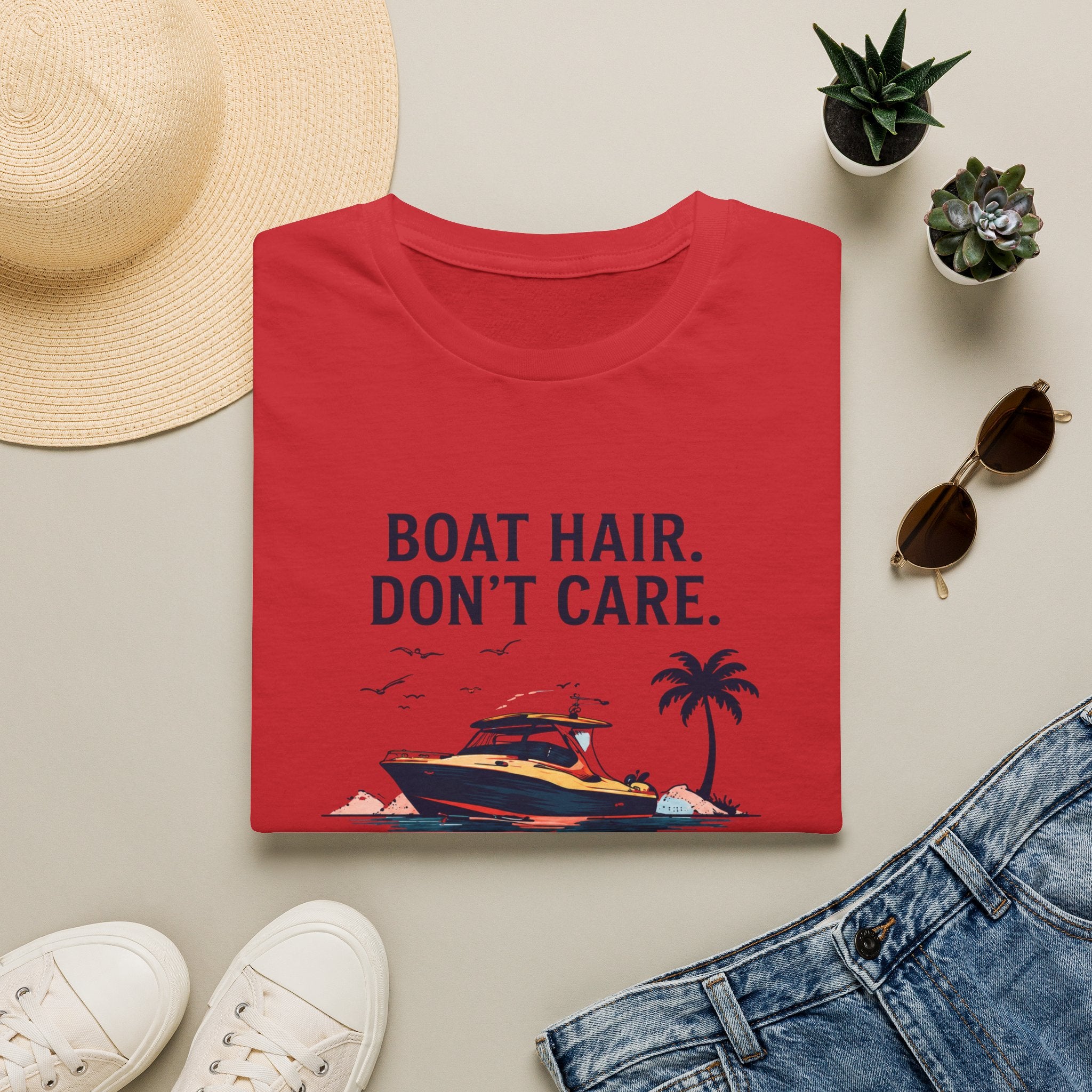Boat Hair Don't Care Tee | Gulf of America Girl | Florida Boat Adventures Boating Shirt for Women | Gildan 6400 T-Shirt