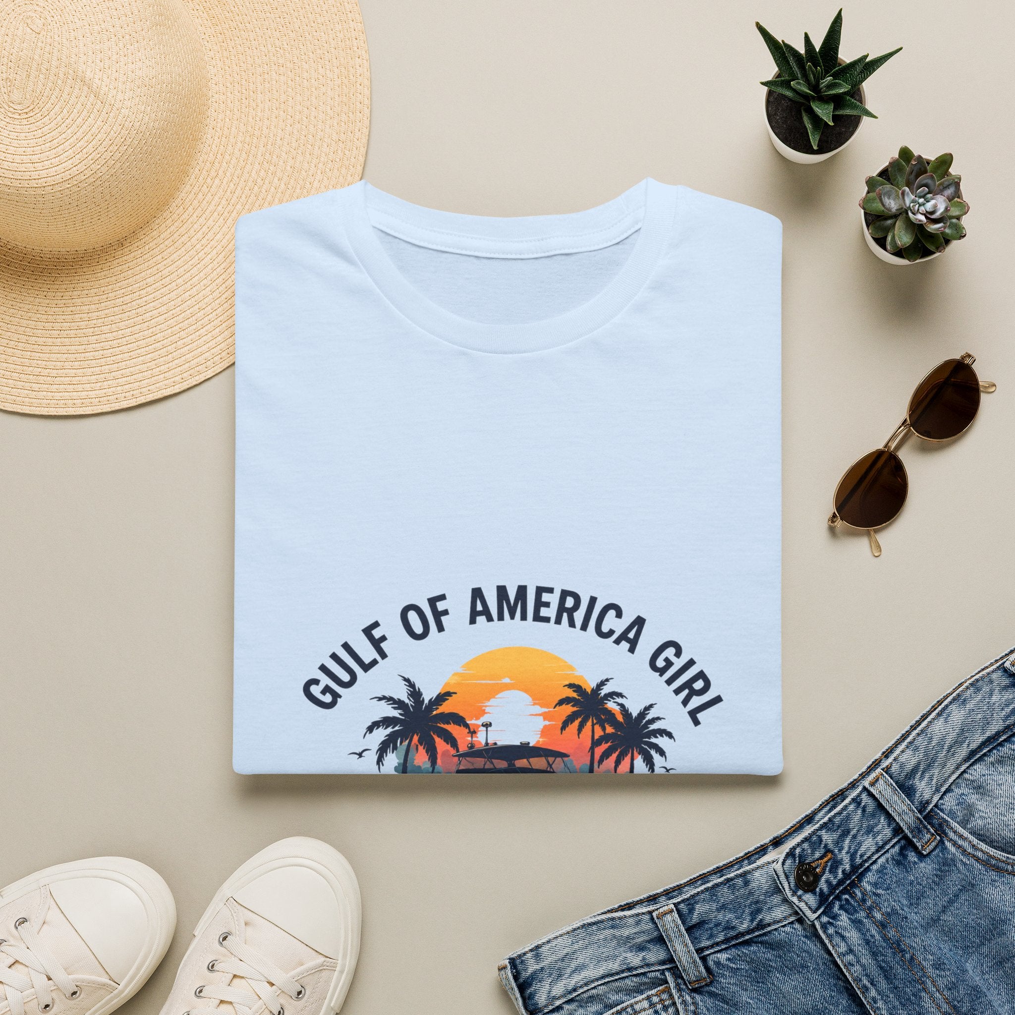 Gulf of America Girl Sunset Tee | Florida Boat Adventures Boating Shirt for Women | Gildan 6400 T-Shirt