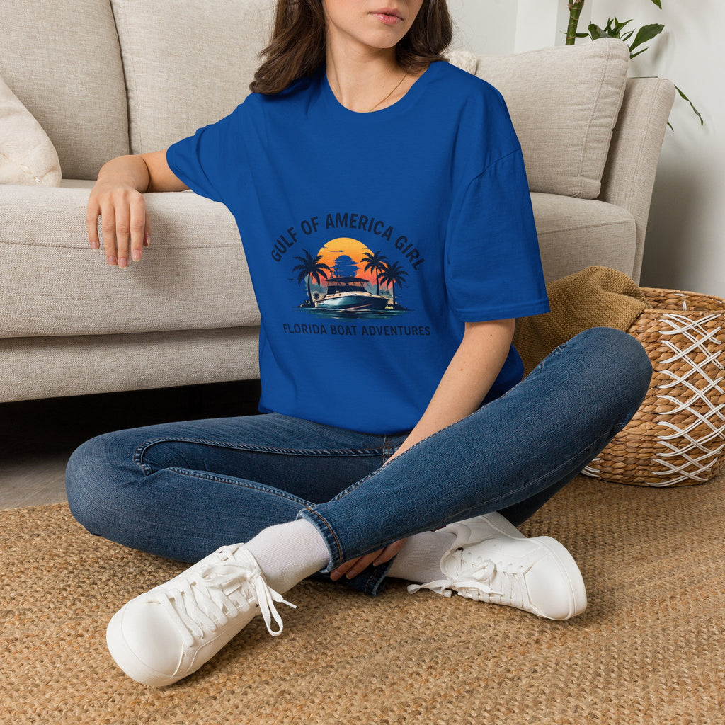 Gulf of America Girl Sunset Tee | Florida Boat Adventures Boating Shirt for Women | Gildan 6400 T-Shirt