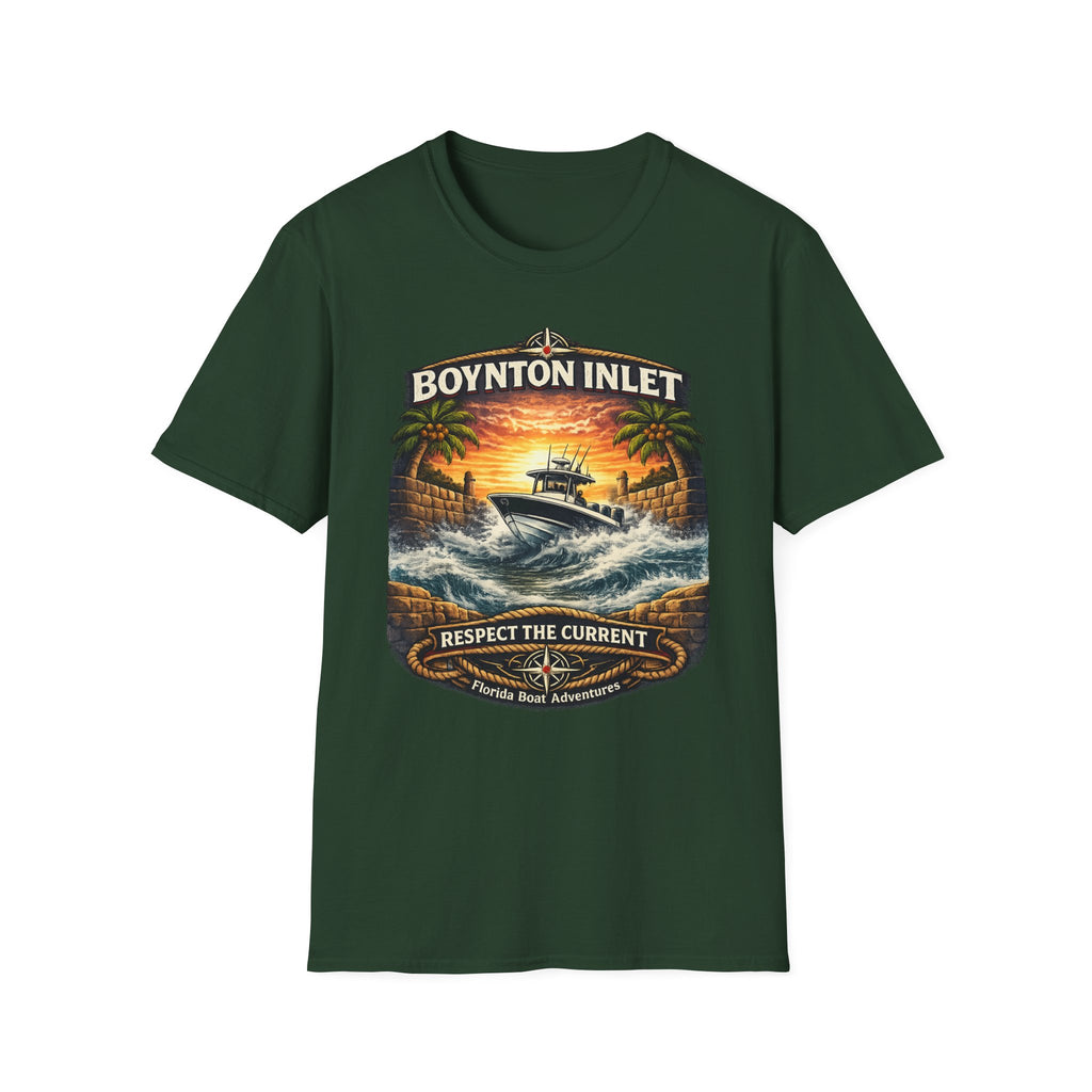 Boynton Inlet Respect the Current Tee | Boynton Beach Florida Boating & Offshore Fishing Shirt for Men | Gildan 6400 T-Shirt