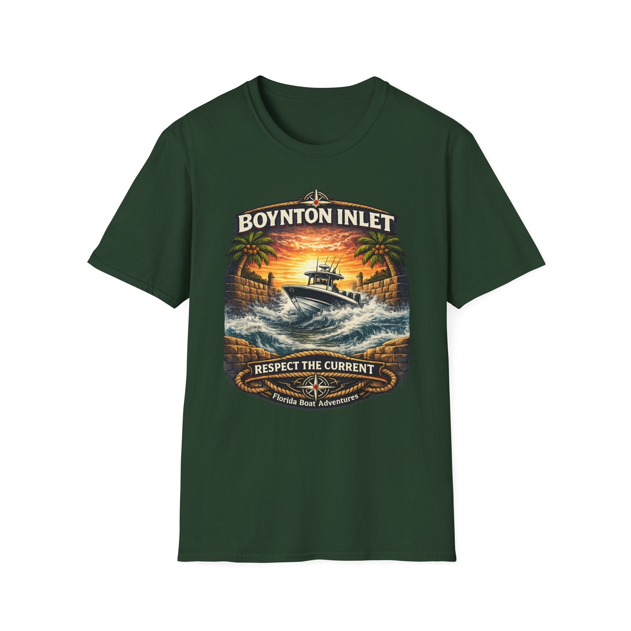 Boynton Inlet Respect the Current Tee | Boynton Beach Florida Boating & Offshore Fishing Shirt for Men | Gildan 6400 T-Shirt