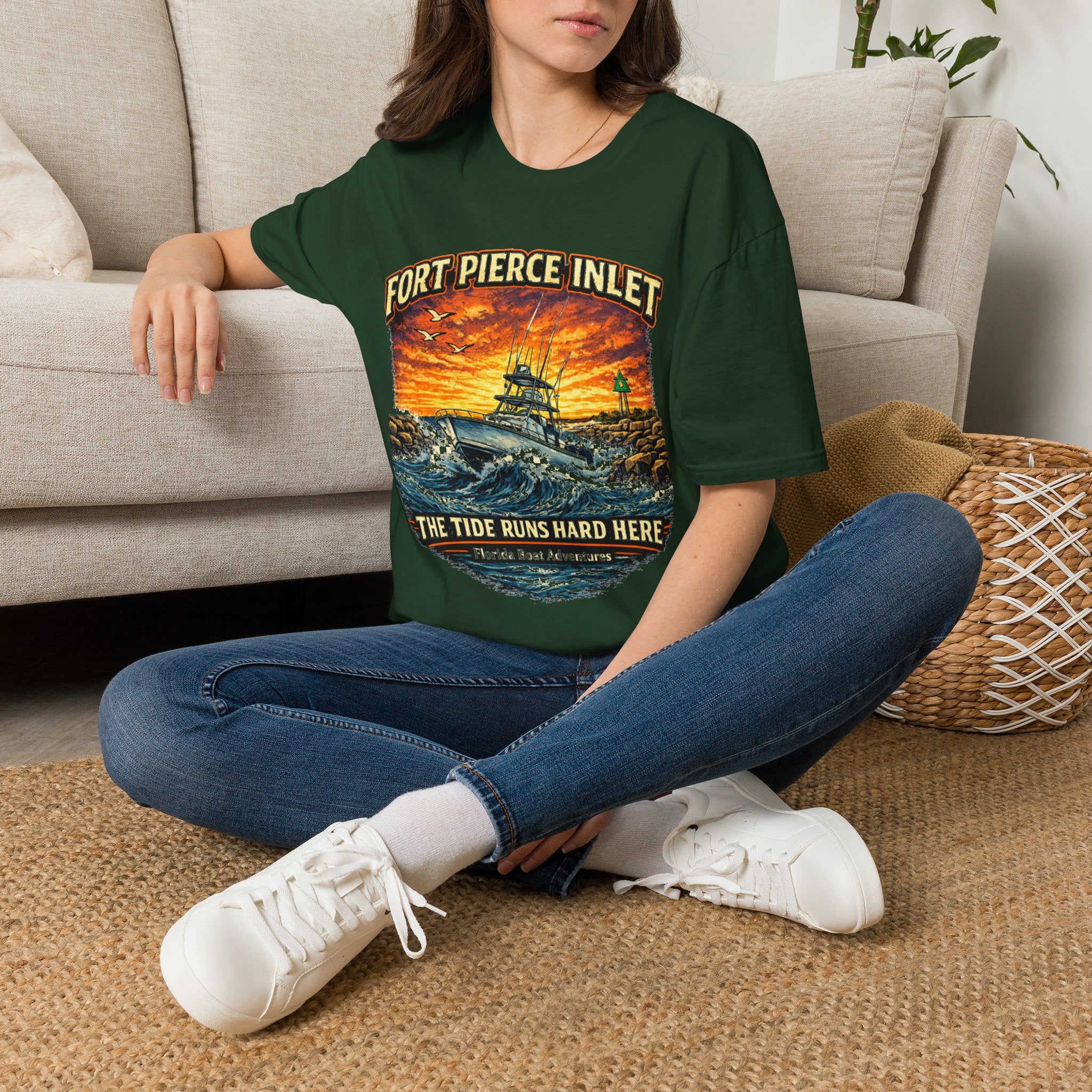 Fort Pierce Inlet Respect the Current Tee | Treasure Coast Florida Boating & Fishing Shirt for Men | Gildan 6400 T-Shirt