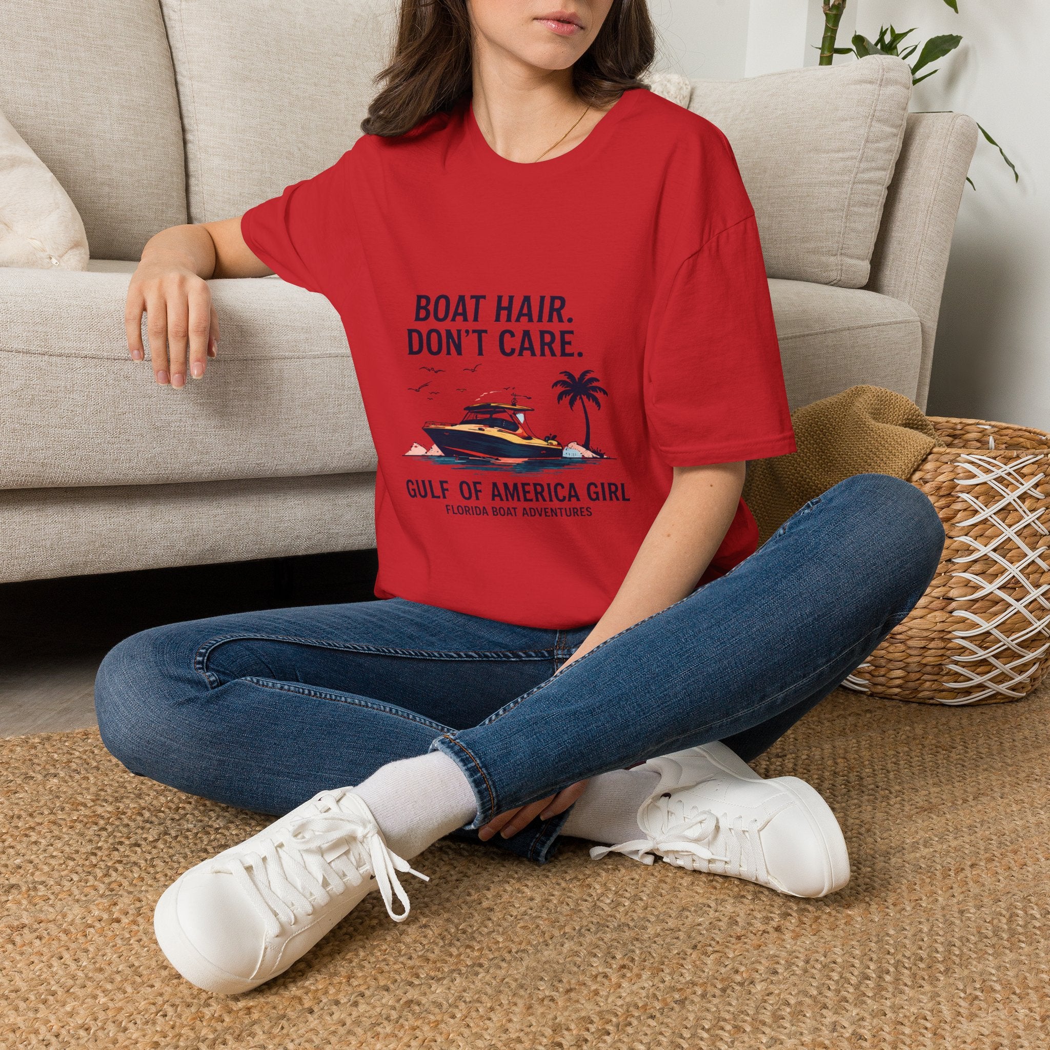 Boat Hair Don't Care Tee | Gulf of America Girl | Florida Boat Adventures Boating Shirt for Women | Gildan 6400 T-Shirt