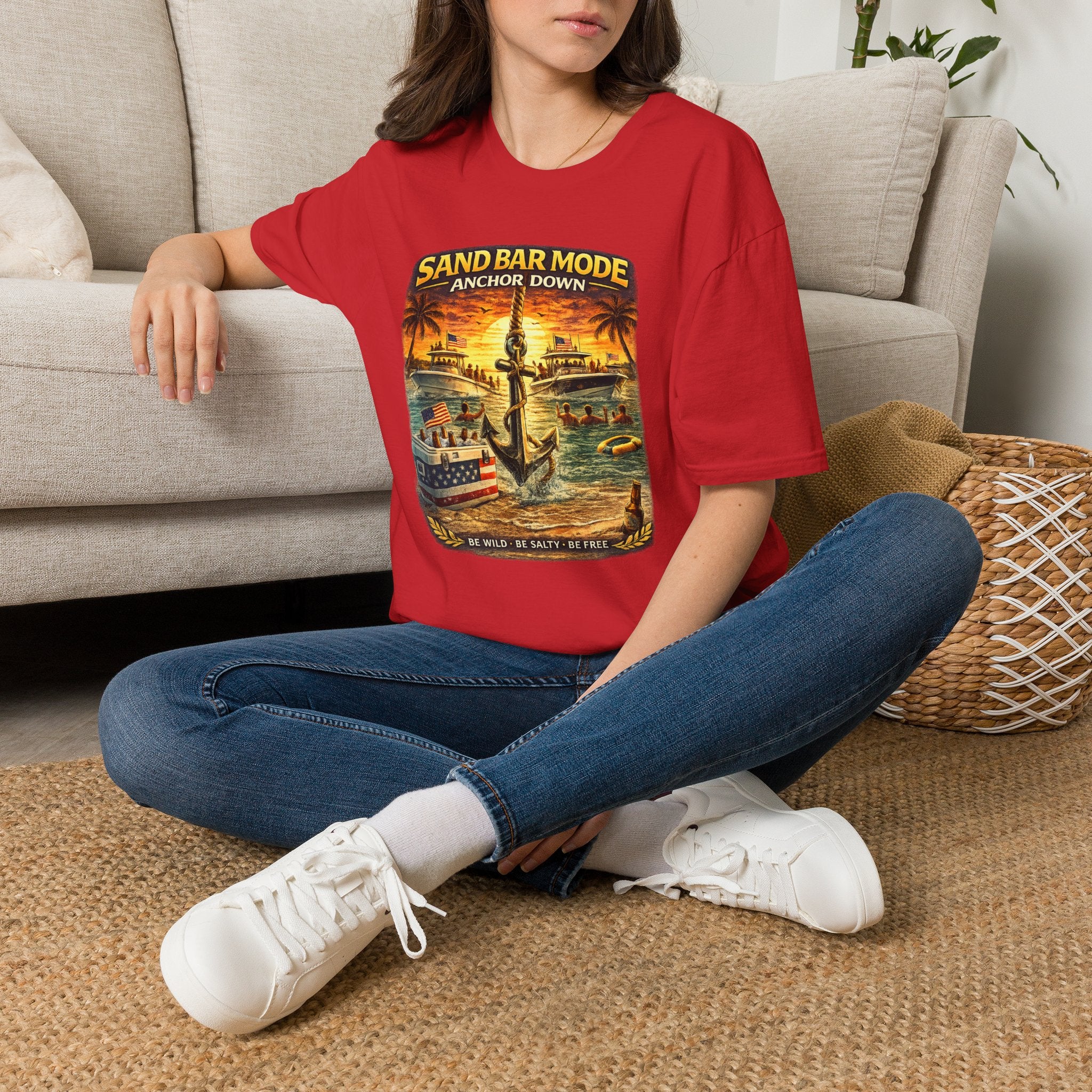 Anchor Down Sandbar Mode Tee | Funny Florida Boating & Sandbar Life Shirt for Men | Gildan 6400 T-Shirt