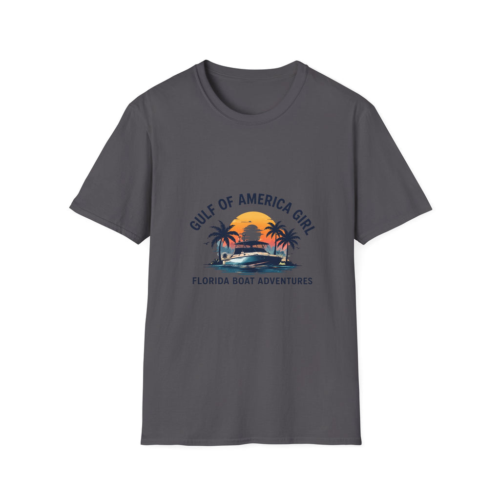 Gulf of America Girl Sunset Tee | Florida Boat Adventures Boating Shirt for Women | Gildan 6400 T-Shirt